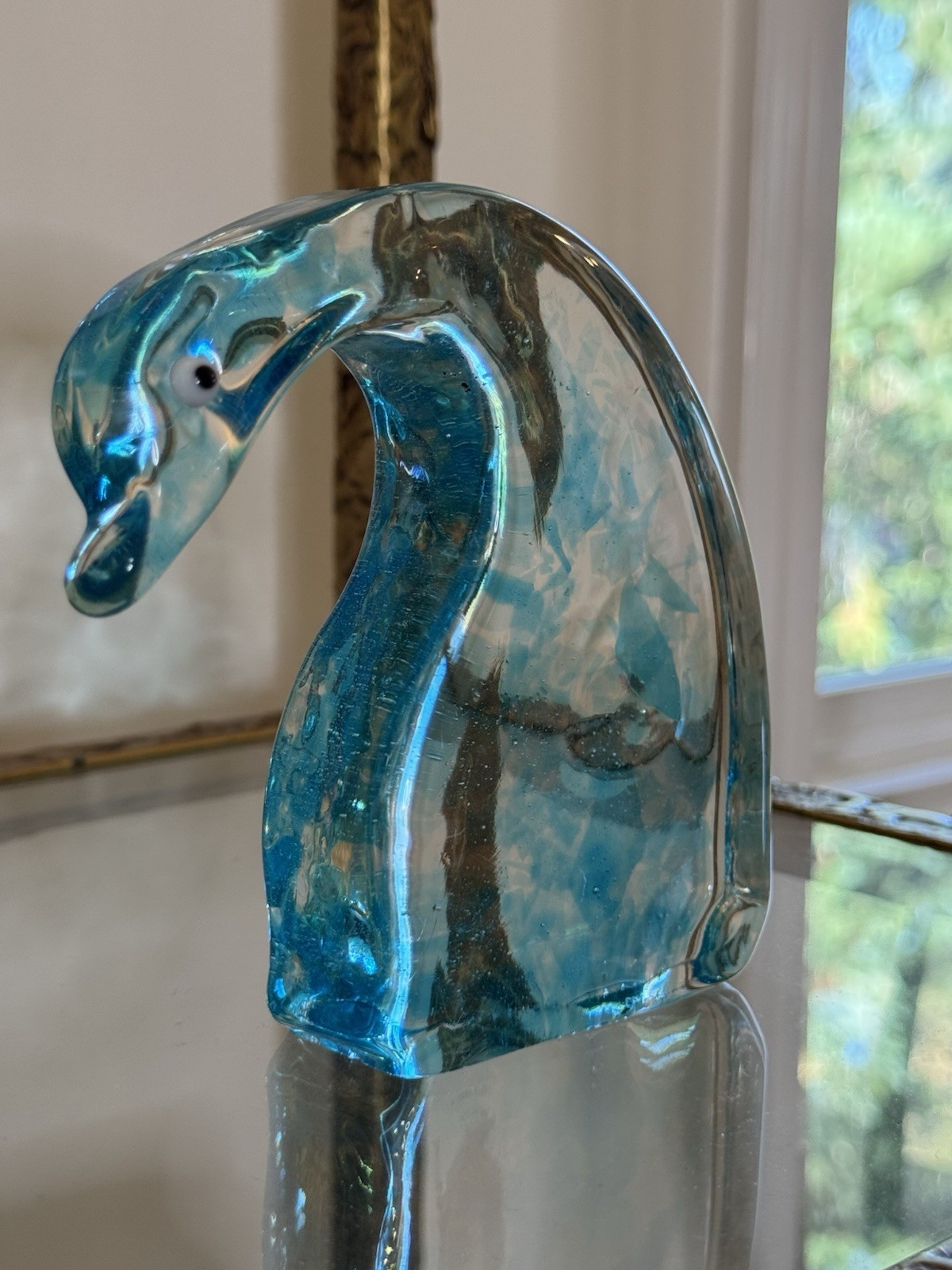 Murano Art Glass Goose Figurine Paperweight Clear Glass With Mottled Blue
