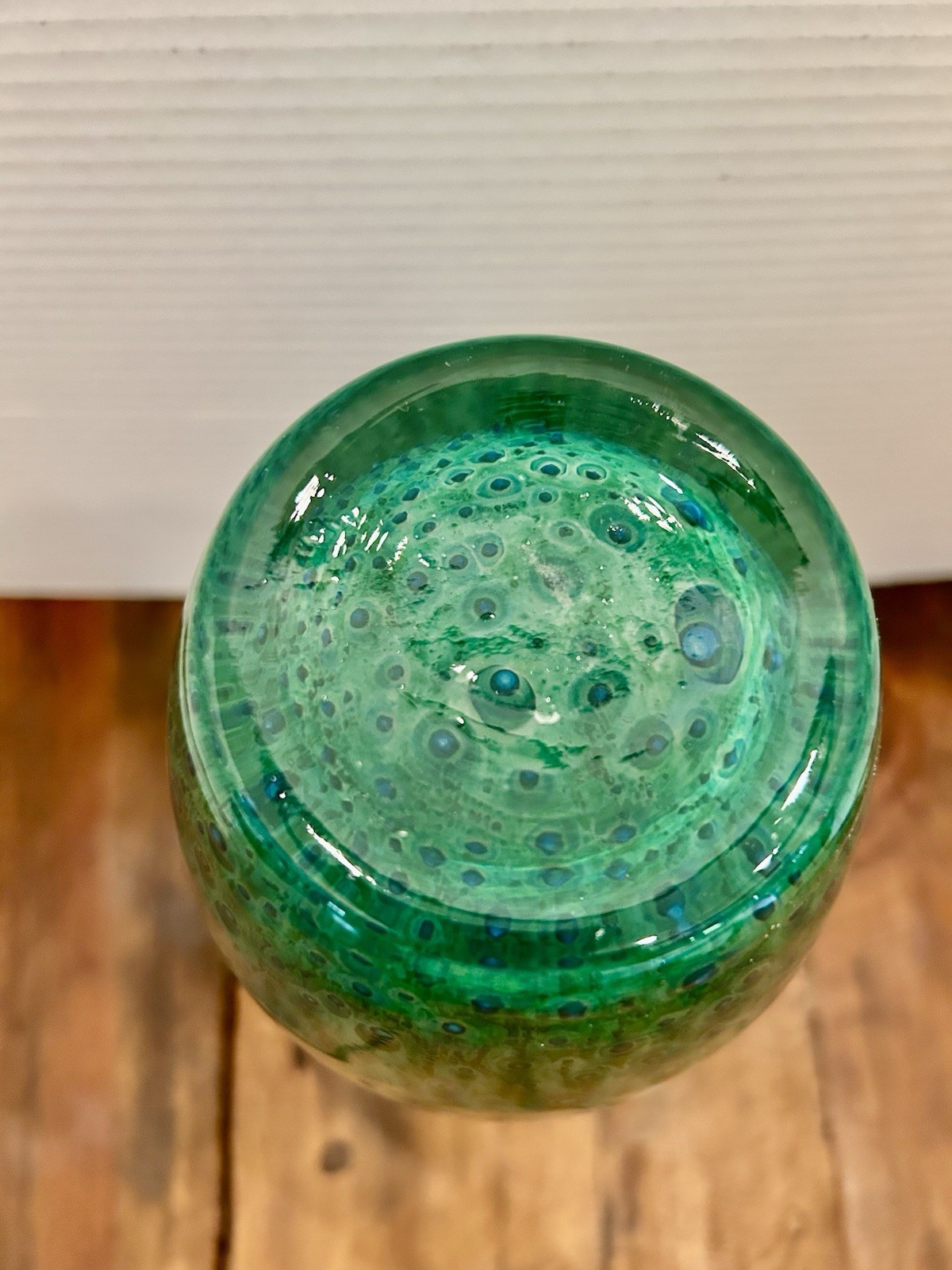 Vintage Art Glass Peacock Pattern Blown Glass Vase 12 Inch Heavy Beautiful
