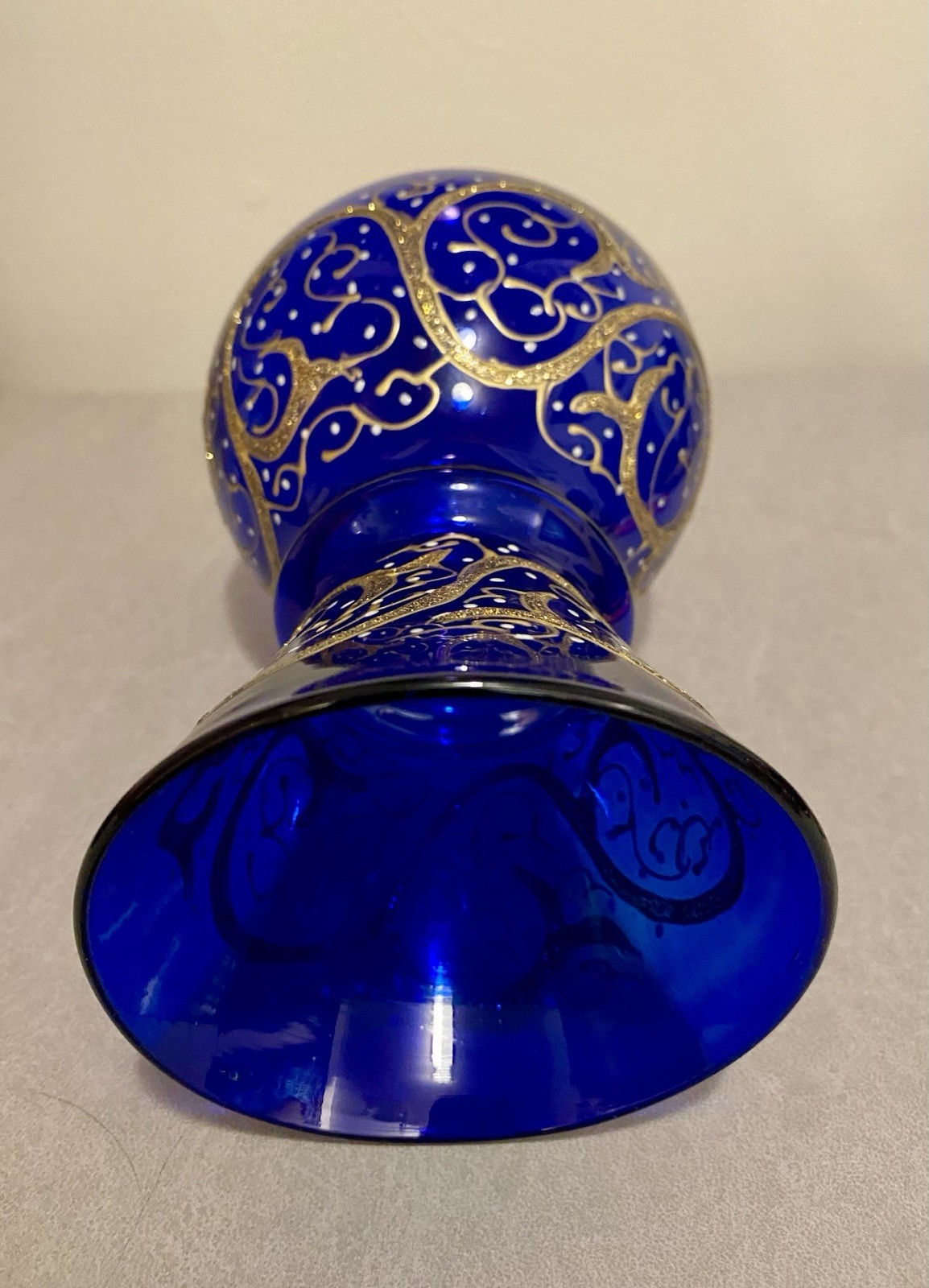 VINTAGE HAND BLOWN BUD VASE SAPPHIRE BLUE GOLD & SILVER RAISED ENCRUSTED SWIRLS
