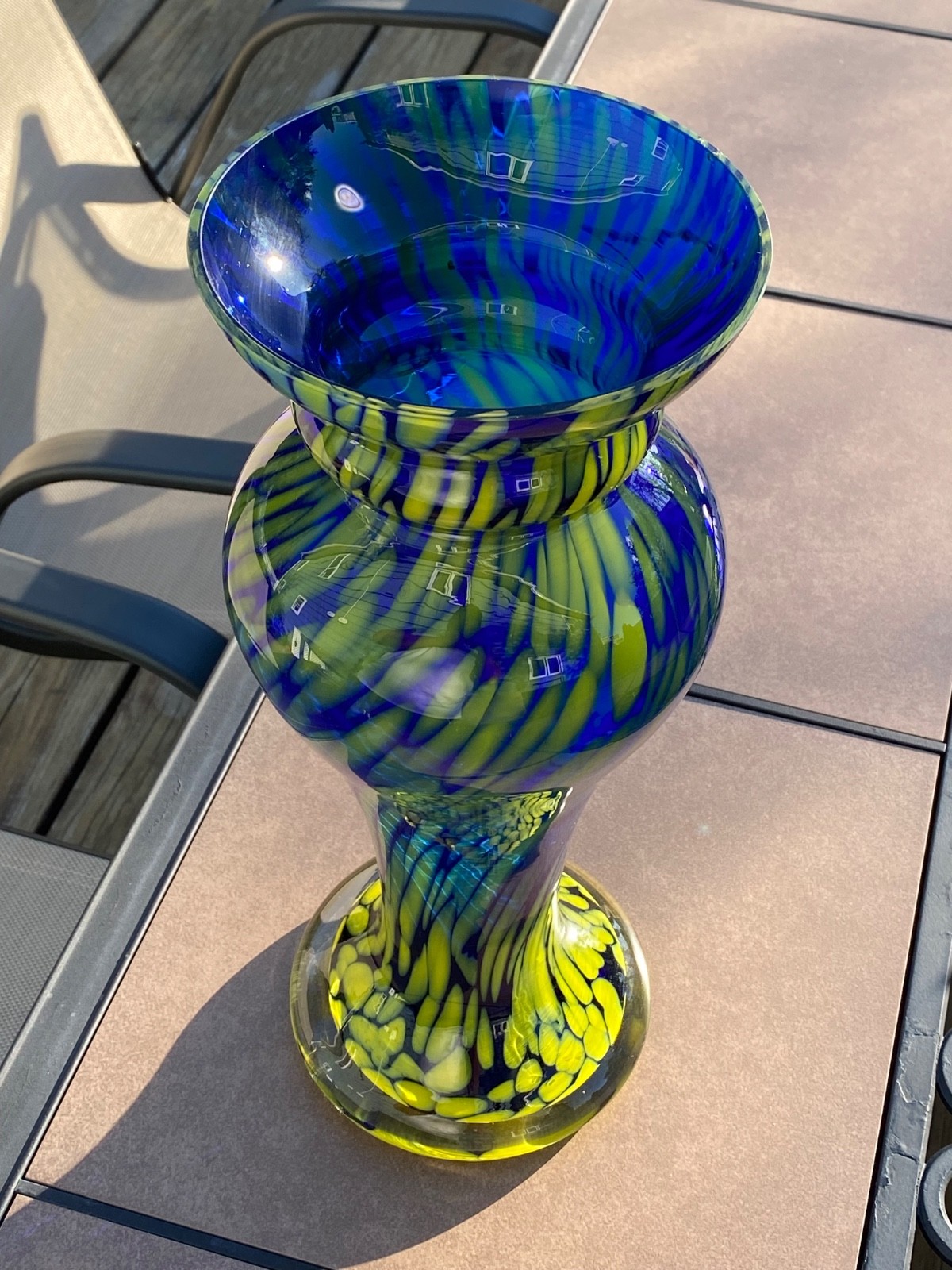 Gorgeous Art Glass Vase Blue / Yellow Hand Made in Poland by Justyna 15″ Tall