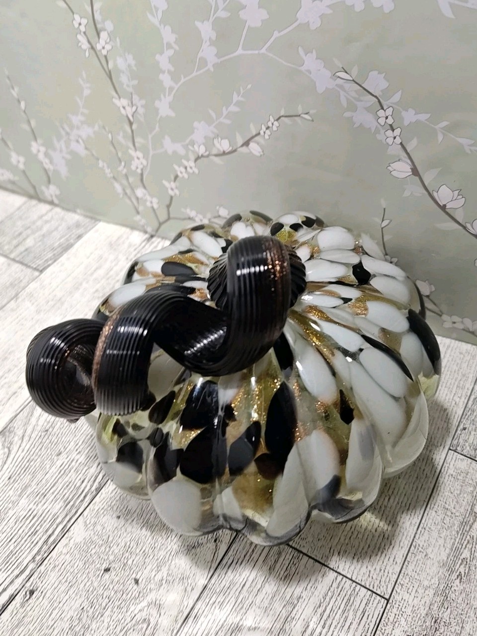 Hand Blown Art Glass Pumpkin Copper Black White Medium Swirl Glitter Decorative