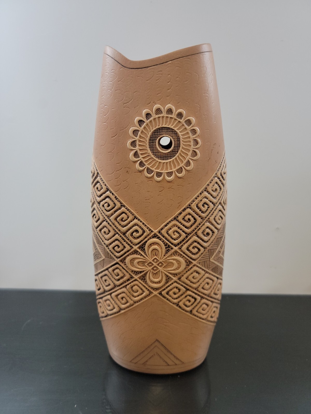 Unique Pottery Hand-Made Etched Clay Vase Floral Scroll MCM Decor 10.5″