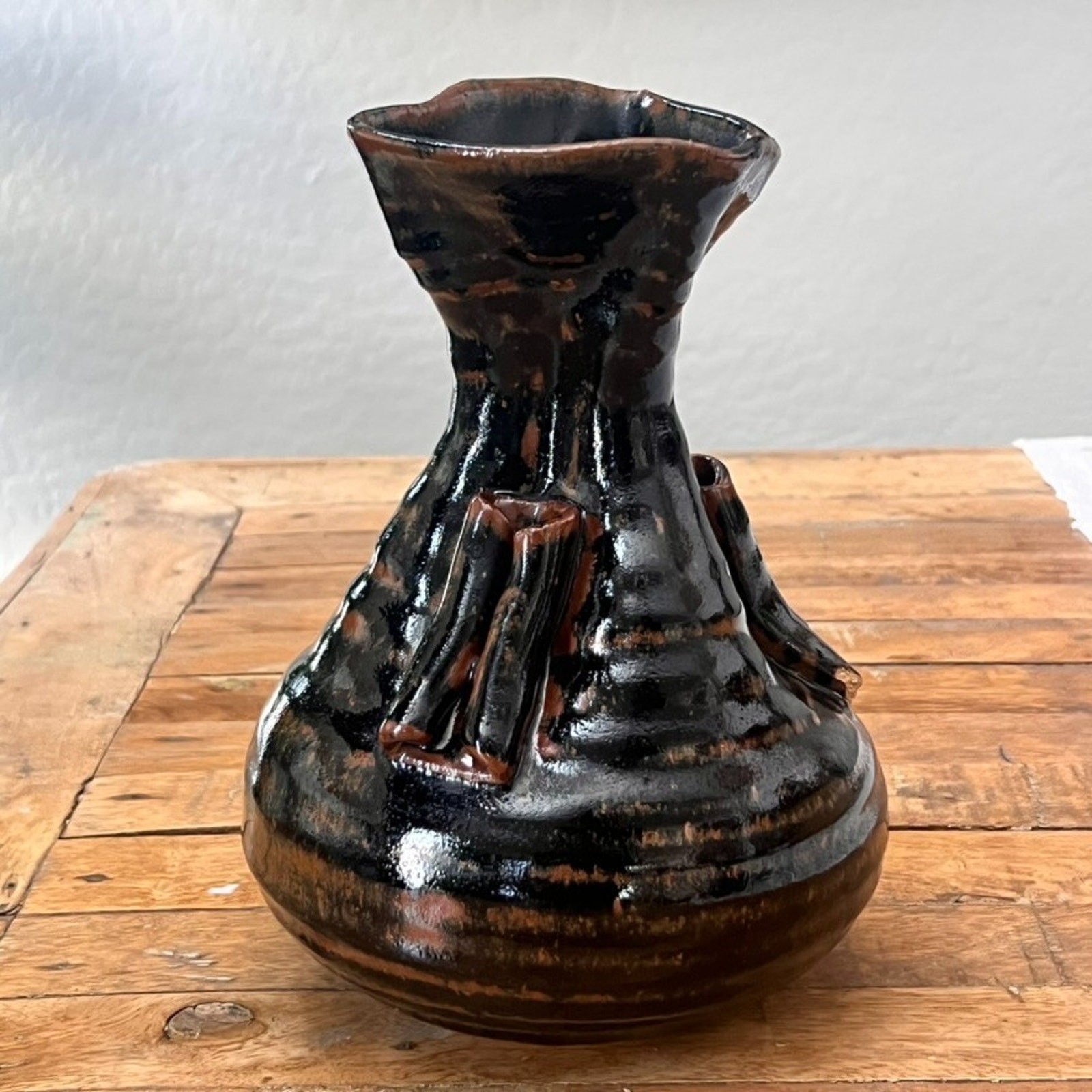 Studio Art Pottery Vase 9.5″ Abstract Black Brown Glazed Modernist Brutalist