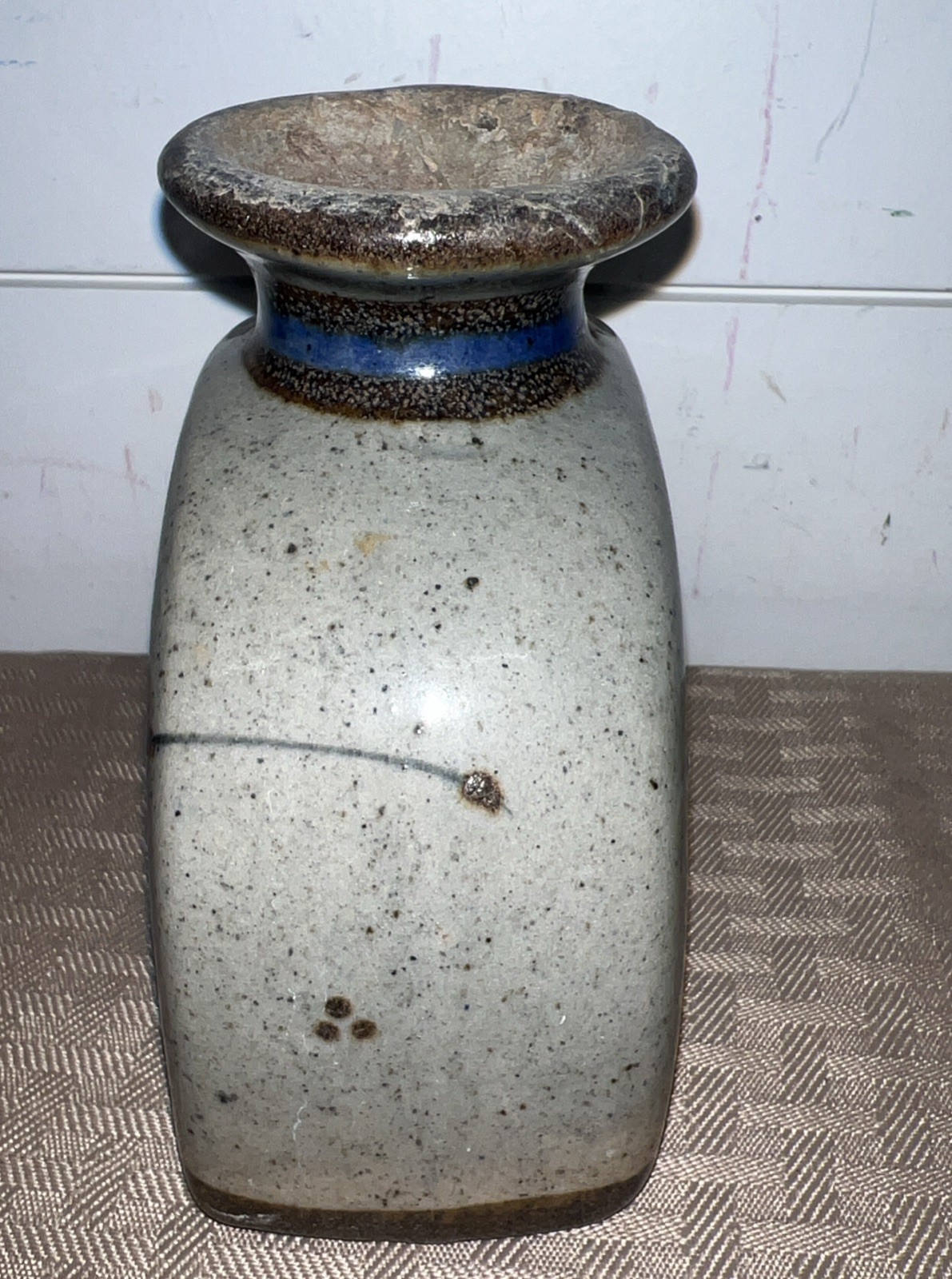 Pottery Flower Bud Vase 4.5” Hand Painted Gray Floral Mexican ? Artist Mark Sign