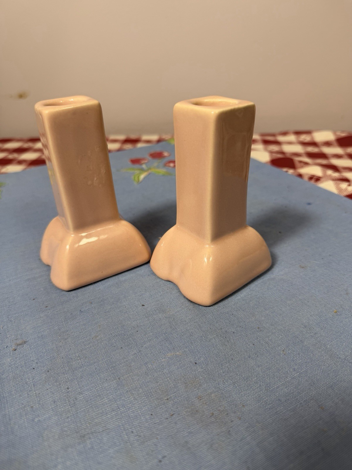 Pair Vintage Mid Century Modern Pink Salmon Art Pottery Candlesticks 4″ Tall