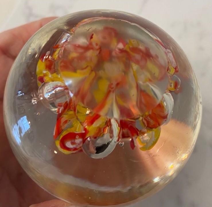 Murano Italian Glass Paperweight Faceted With Millefiori Orange And Yellow EUC