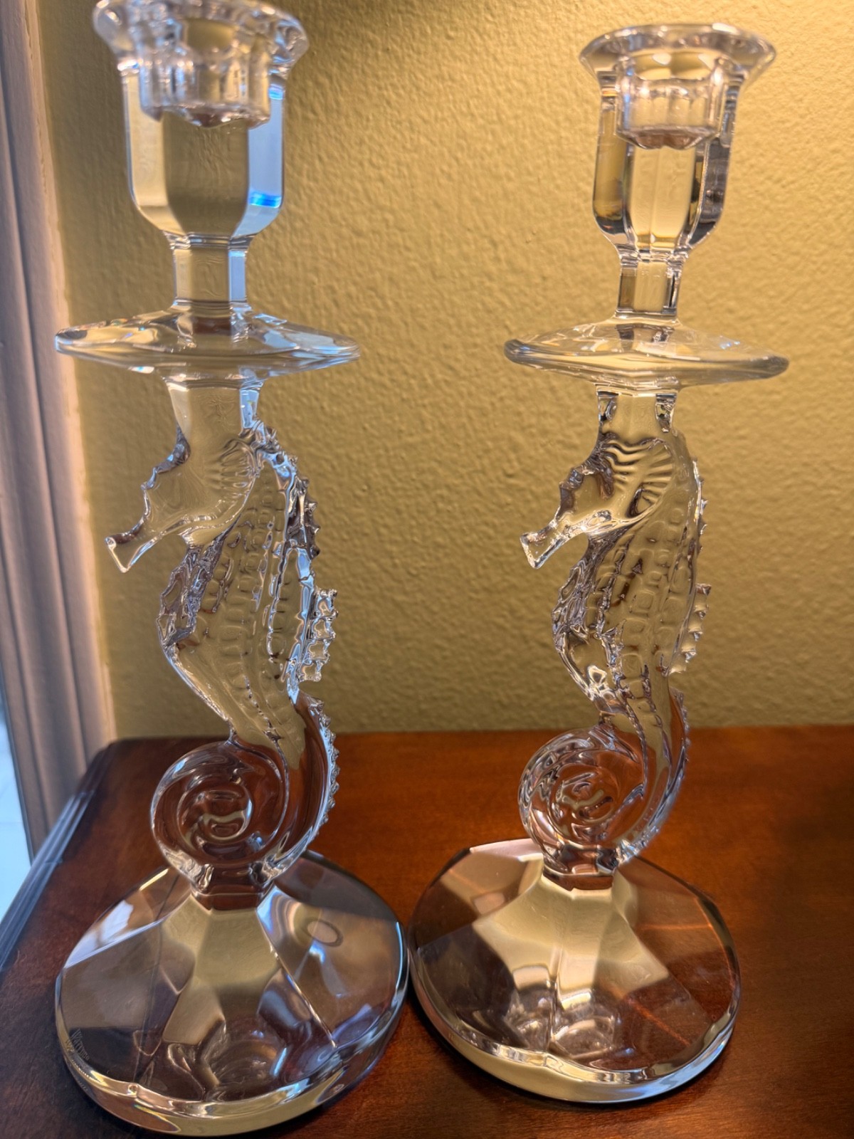 Vintage Waterford Cut Crystal Figural Seahorse Tall Candlesticks Holders Pair