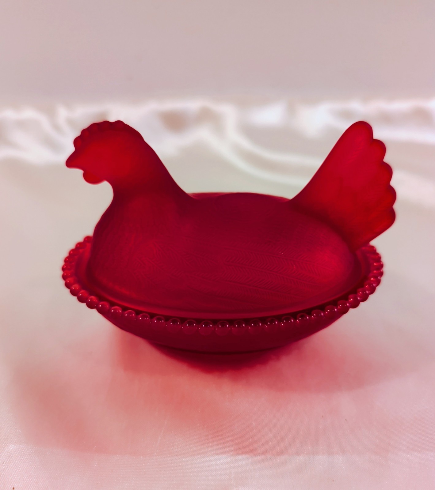 Covered Dish Hen on Nest Red Satin Glass Beaded Edge 4.75″ x 3.25″ Vintage Look!