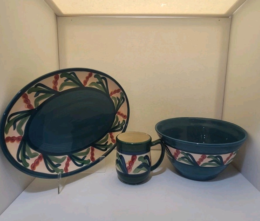 vintage Gail Pittman pottery “Juniper” 1988/1993 Platter , Serving Bowl And Cup
