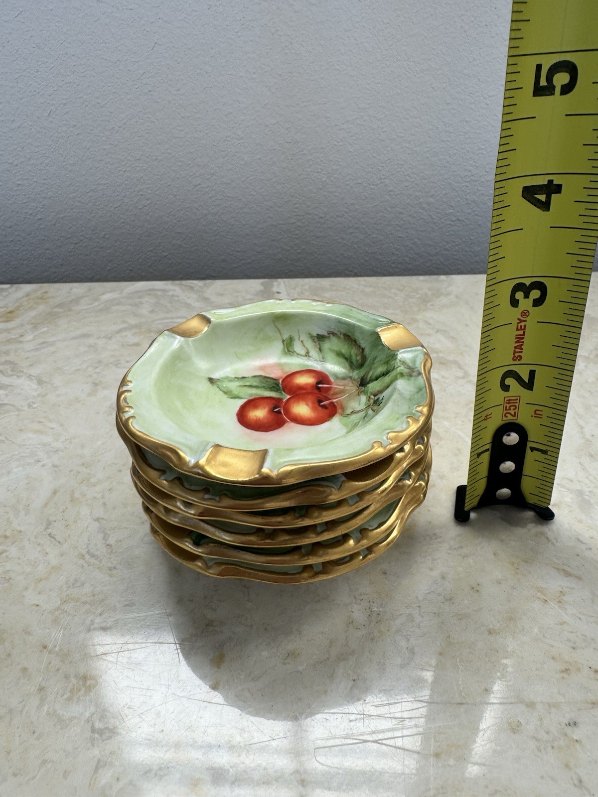Vintage RS Germany Porcelain Ashtray Set (6) Hand Painted Cherries Gold Trim
