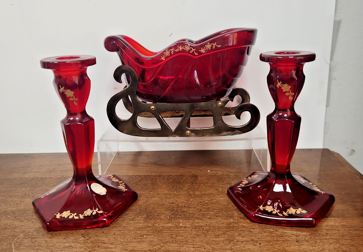 FENTON RUBY RED SLEIGH WITH MATCHING CANDLEHOLDERS – #2416TI