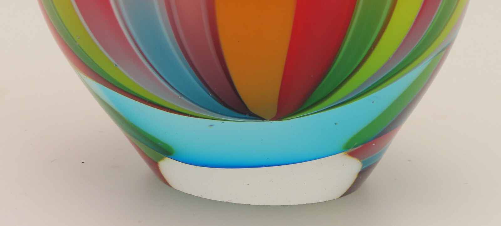 Vibrant Multi Colored Striped Sommerso Base Heavy Art Glass Pitcher Vase 9” High