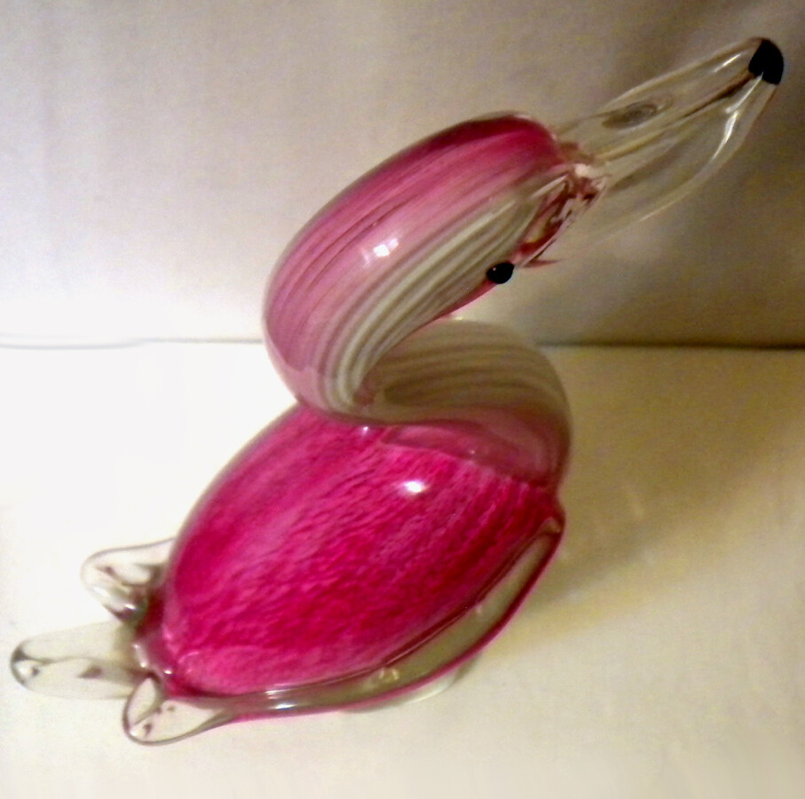 Vintage Pink Textured, clear & white Art Glass Duck Sculpture/Figurine 12 ½”
