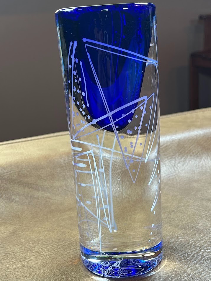 Mark Sudduth Studio Jazz art Glass Paperweight Vase 8.5” Geometric Lines