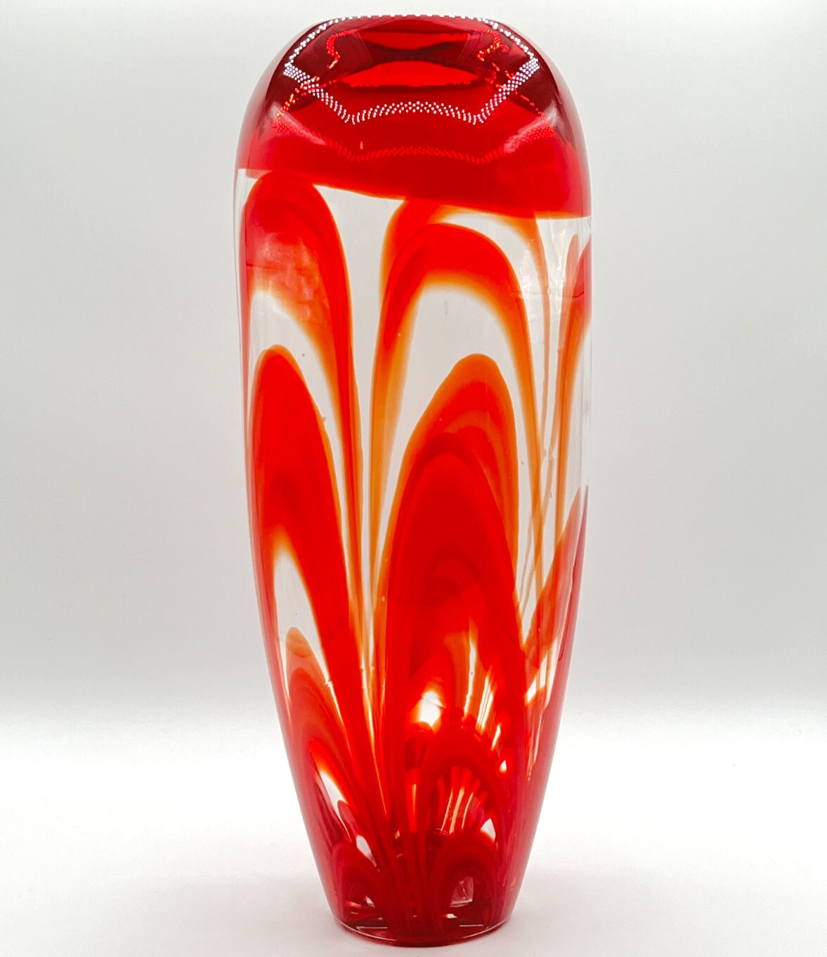 Hand Blown Art Glass Vase Polished Pontil Red Amber Pulled Feather Swirl 14″