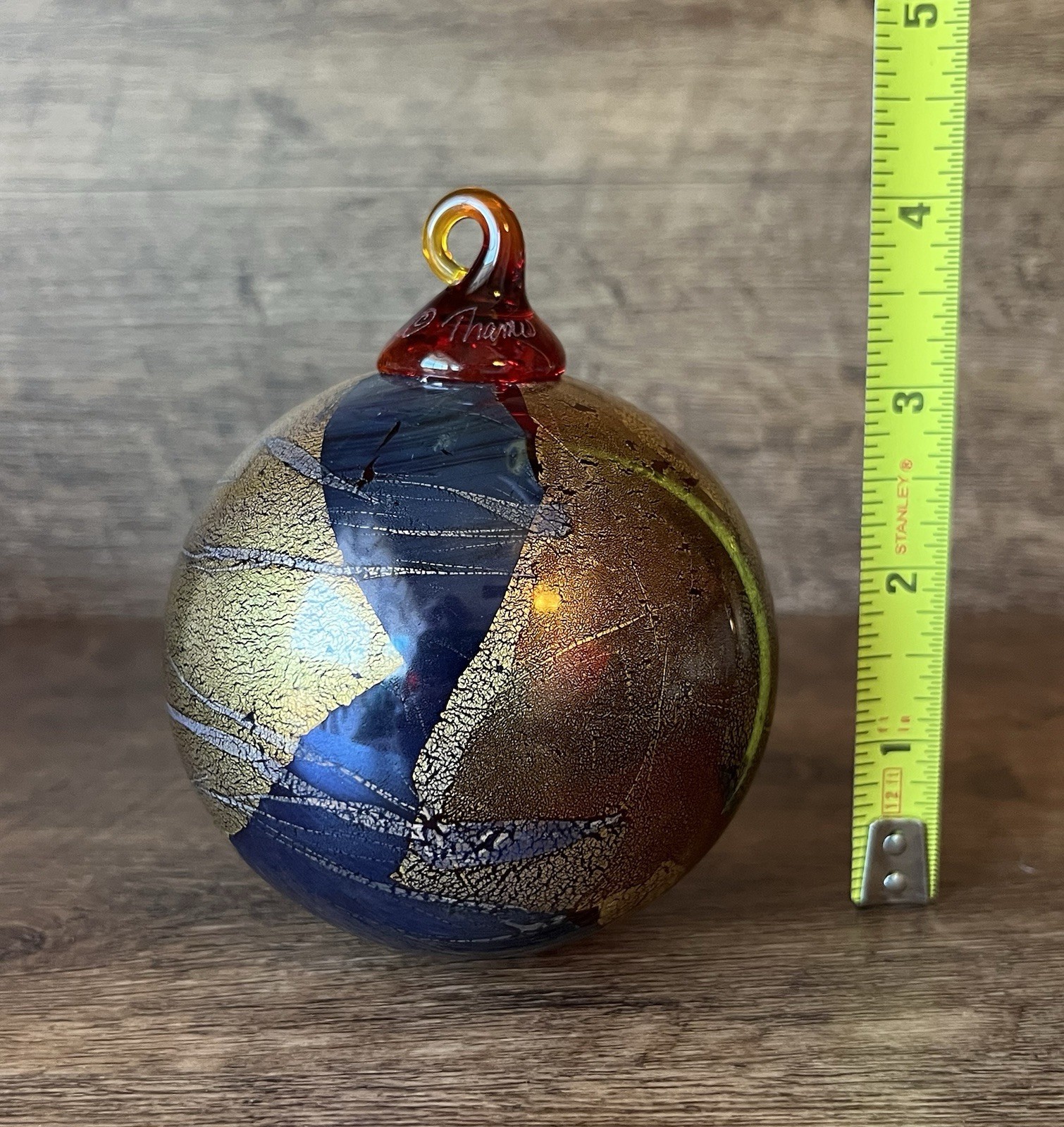VTG Handblown Glass Ornament Shimmery Crackled Metallic Gold Blue Red Signed