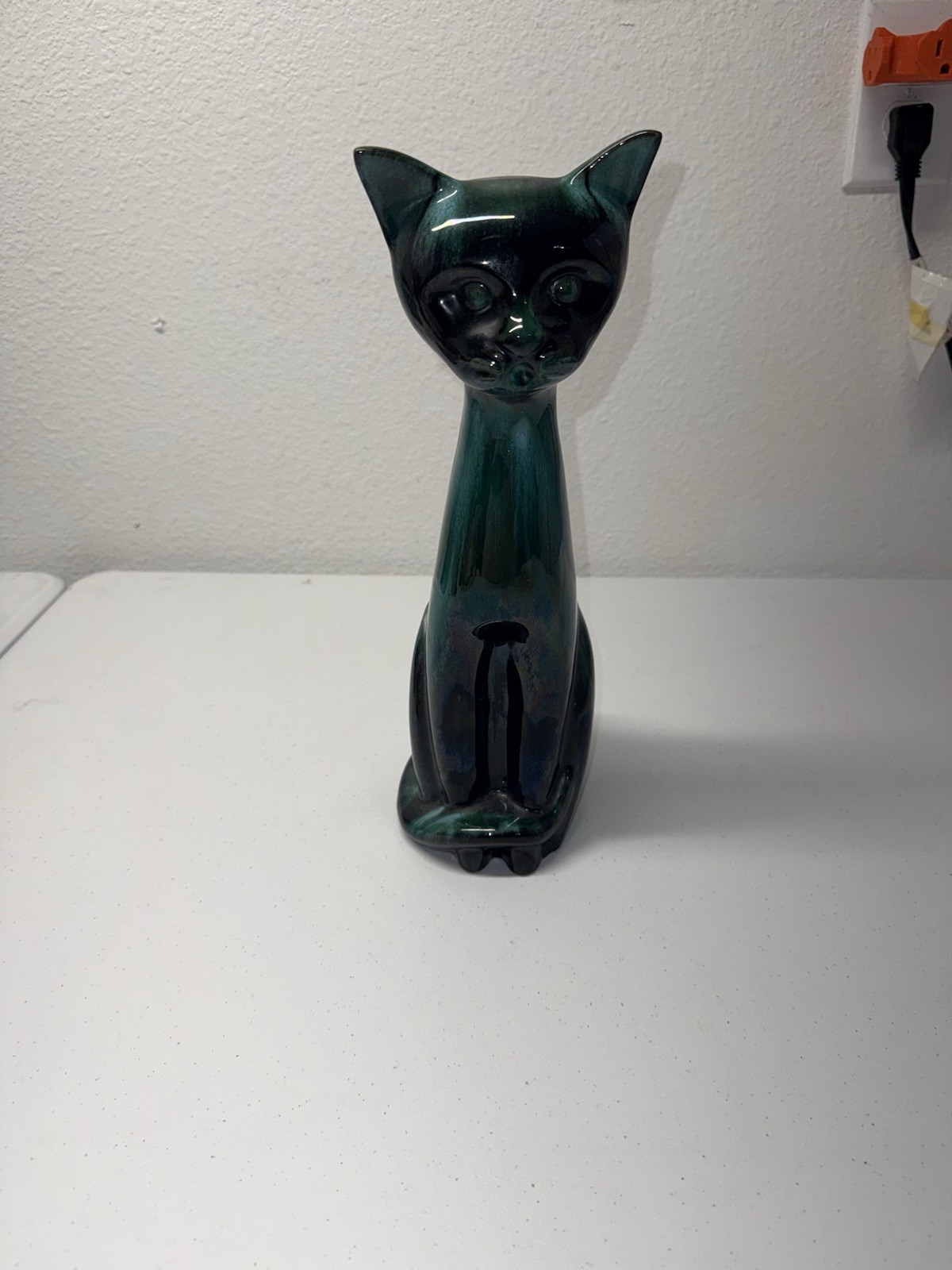 Blue Mountain Pottery Cat Figurine Blue Green Teal Drip Glaze Canada 14” Redware