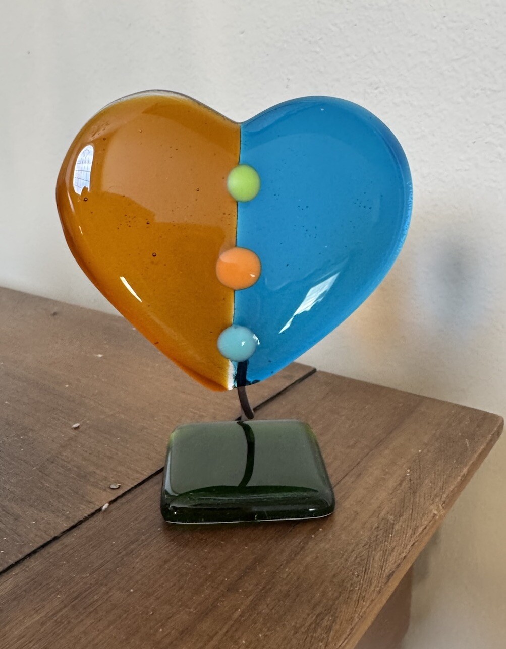 Quirky Art Glass Heart, Fused glass Free Standing Blue, Orange, Green Glass Base