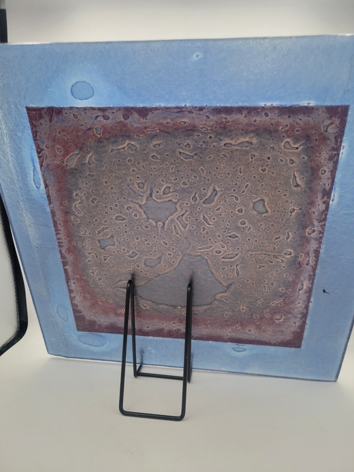 Fused Art Glass Square Dish Wall Plaque Panel Blue Purple Moonscape Iridescent