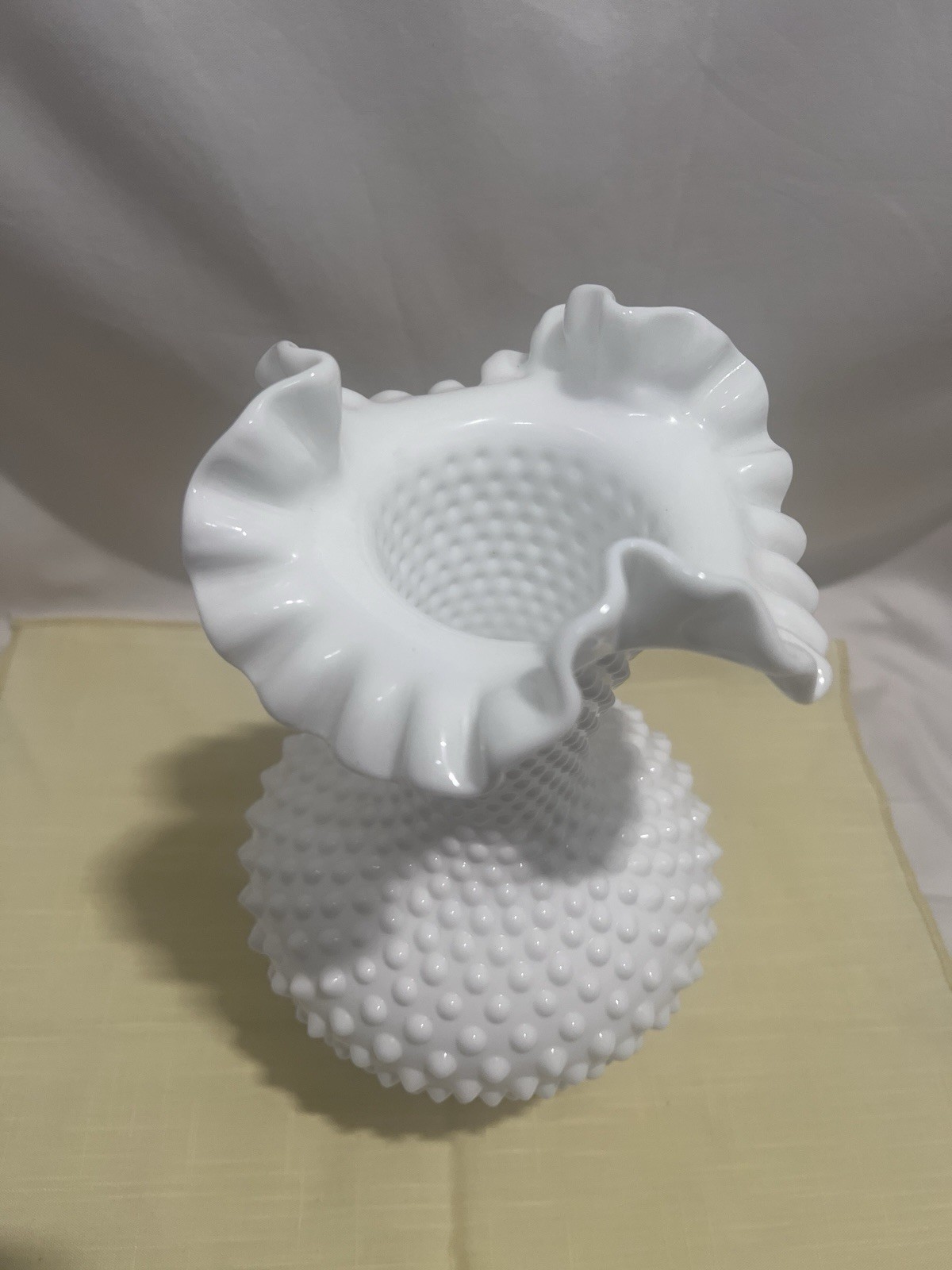 Vintage Fenton White Milk Glass Vase Hobnail Ruffled Double Crimped 10.5″ Tall