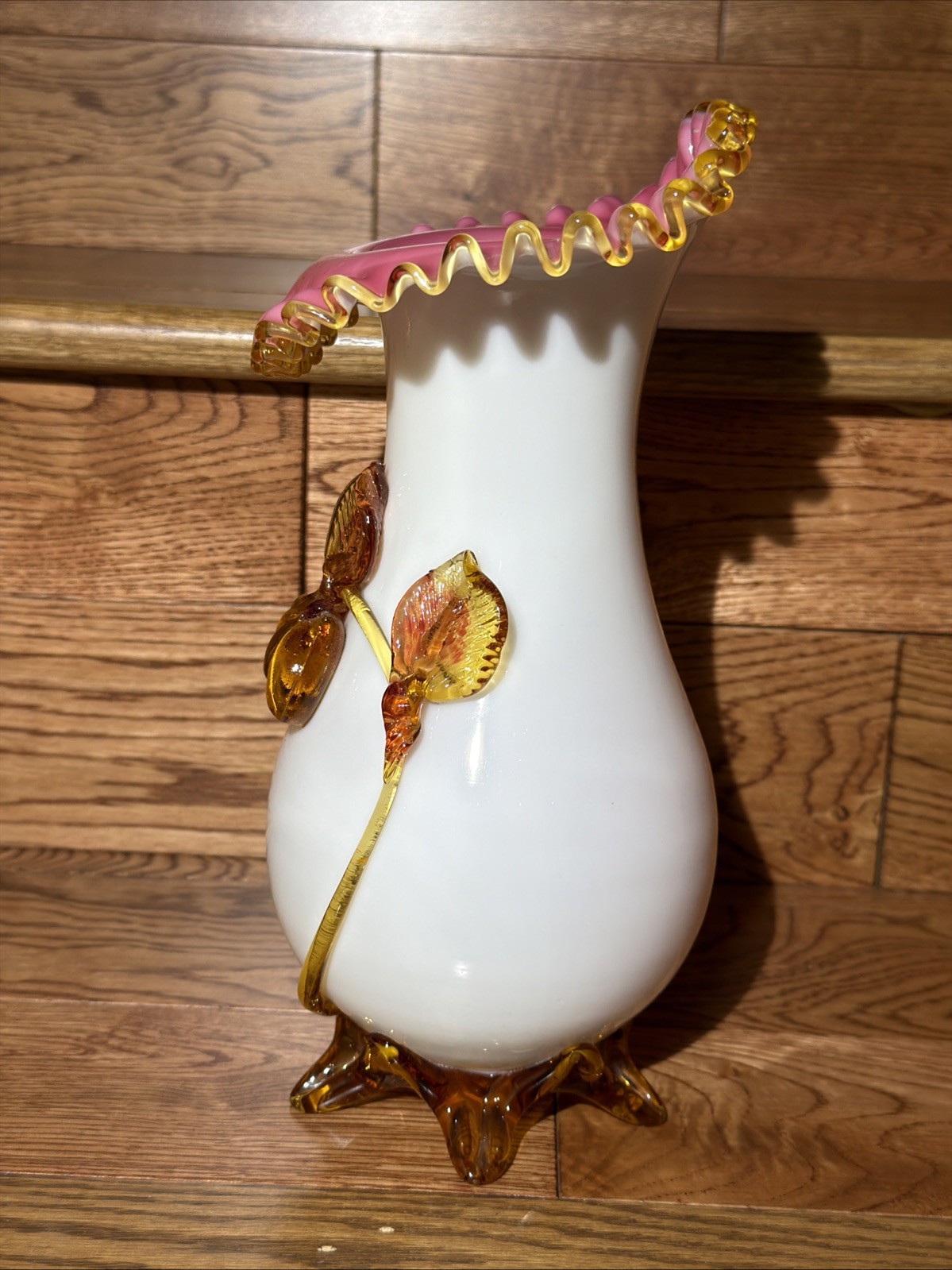 Vintage Pink Ruffled Art Glass Vase Applied Amber Leaves Uranium Glass UV Glow
