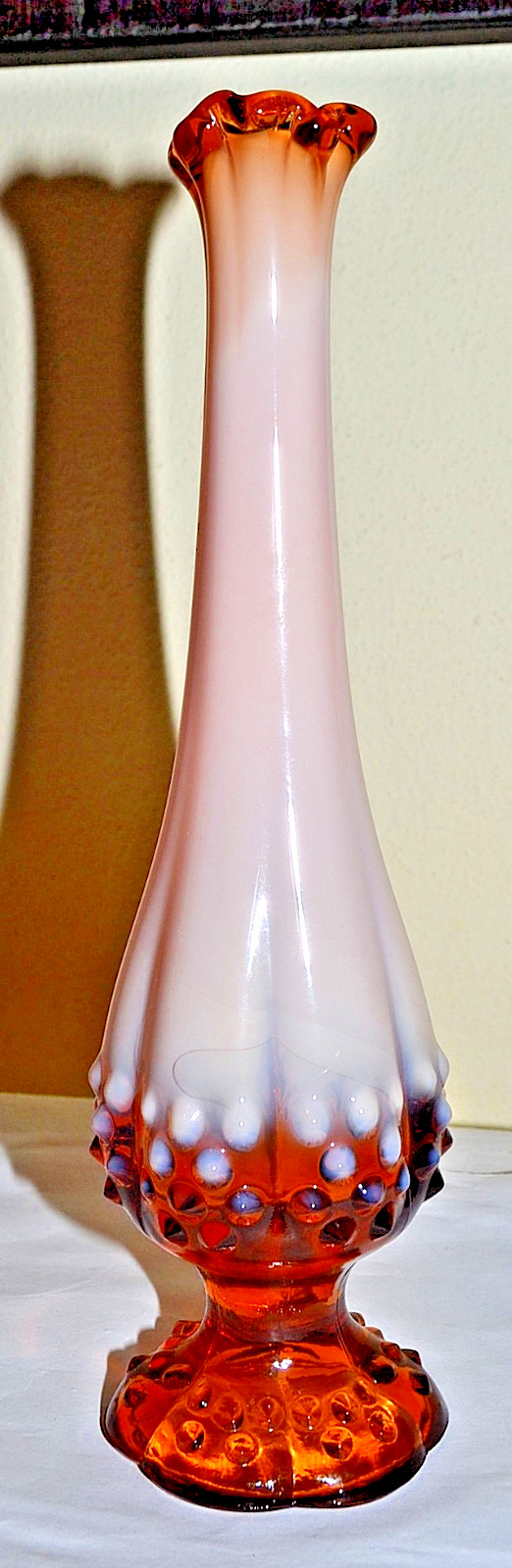 Vintage Fenton Root Beer Amber Hobnail Swung 9 1/2″ Bud Vase Ruffled Rim EUC!
