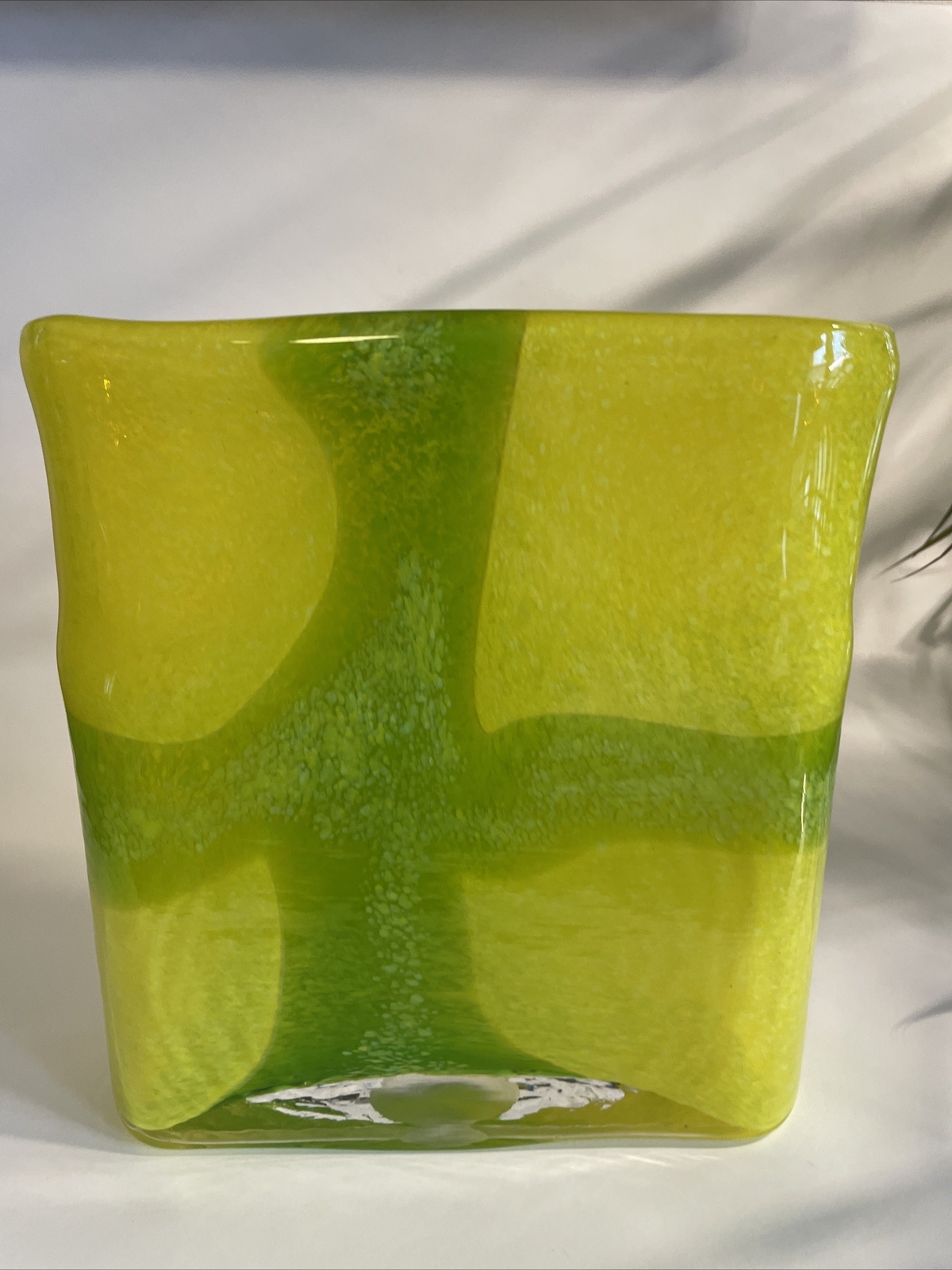 Art Glass Green and Yellow Square Vase 8″x9″x3
