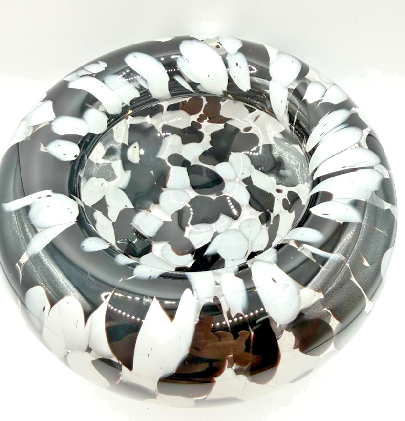 Hand Blown Glass Black & White Cased Bowl Vase