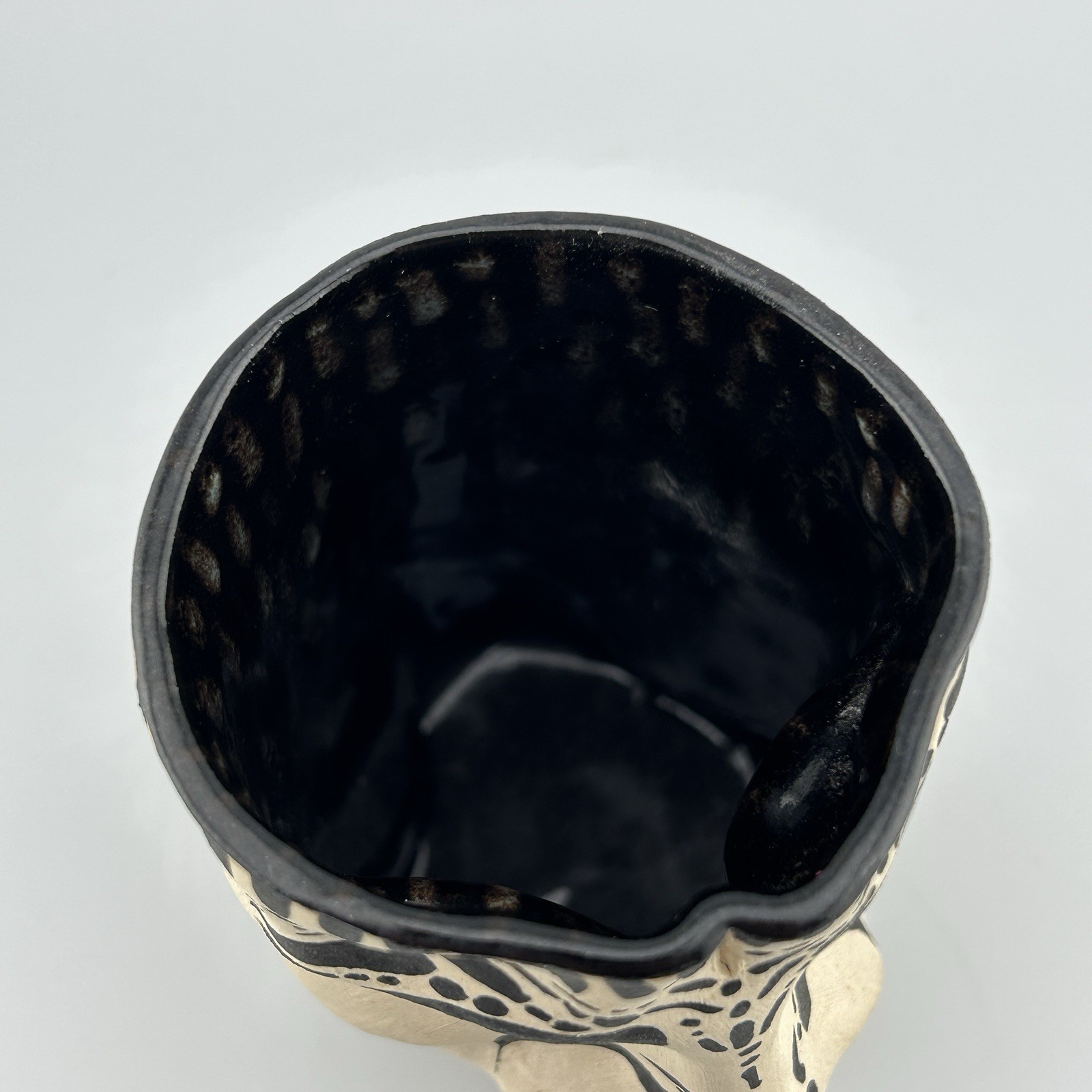 Studio Pottery Sgraffito Face Tumbler Tiki Mug Vase Black Slip 2010s Signed KIA
