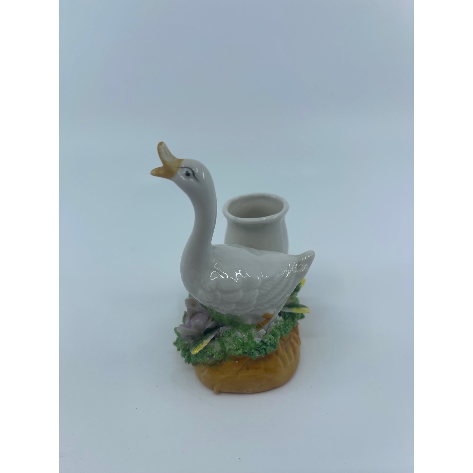 Vtg Ceramic Goose Planter Pot Holder With Purple Lily Flowers 4″