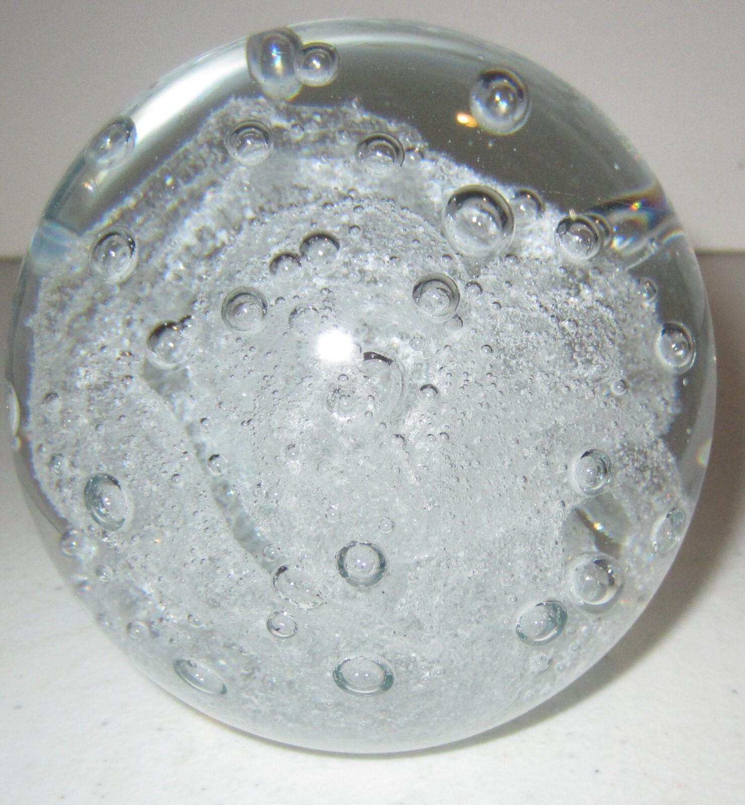 Clear Abstract Controlled Bubbles Art Glass Round Paperweight