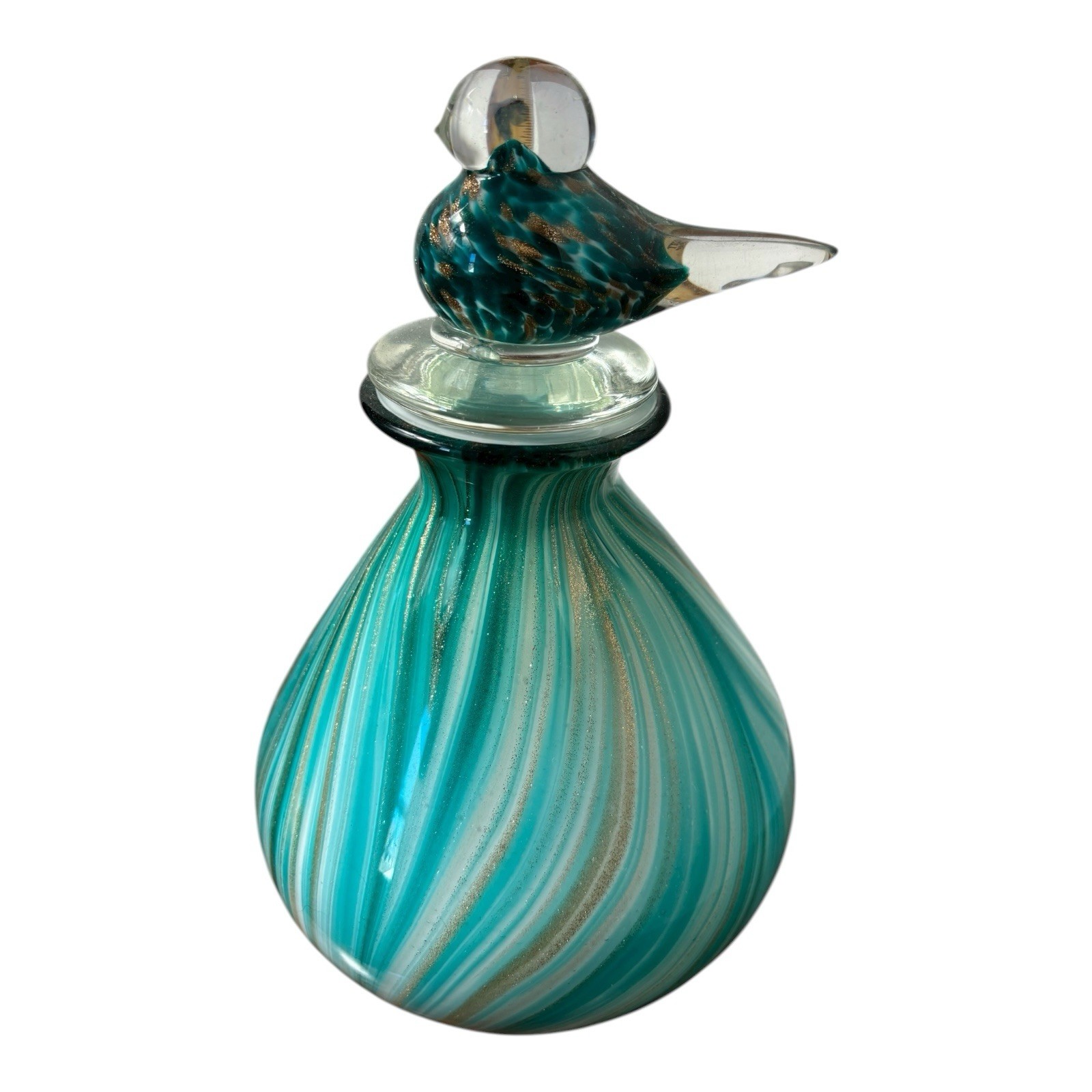 Dale Tiffany Hand Blown Art Glass Decanter Vase With Bird Stopper 9.5” Tall Rare