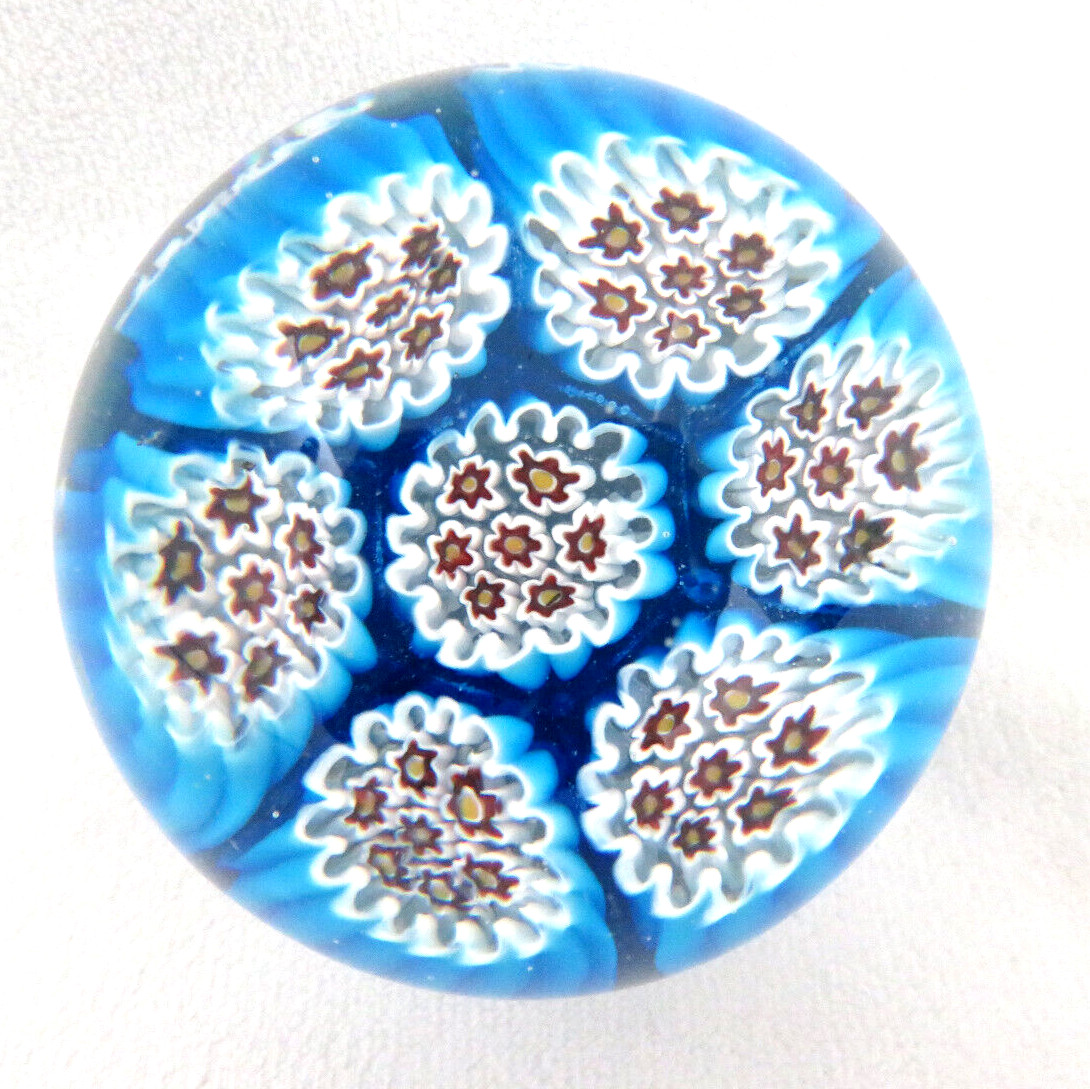Murano Italy Mid Century Turquoise Flowers Millefiori Art Glass Paperweight