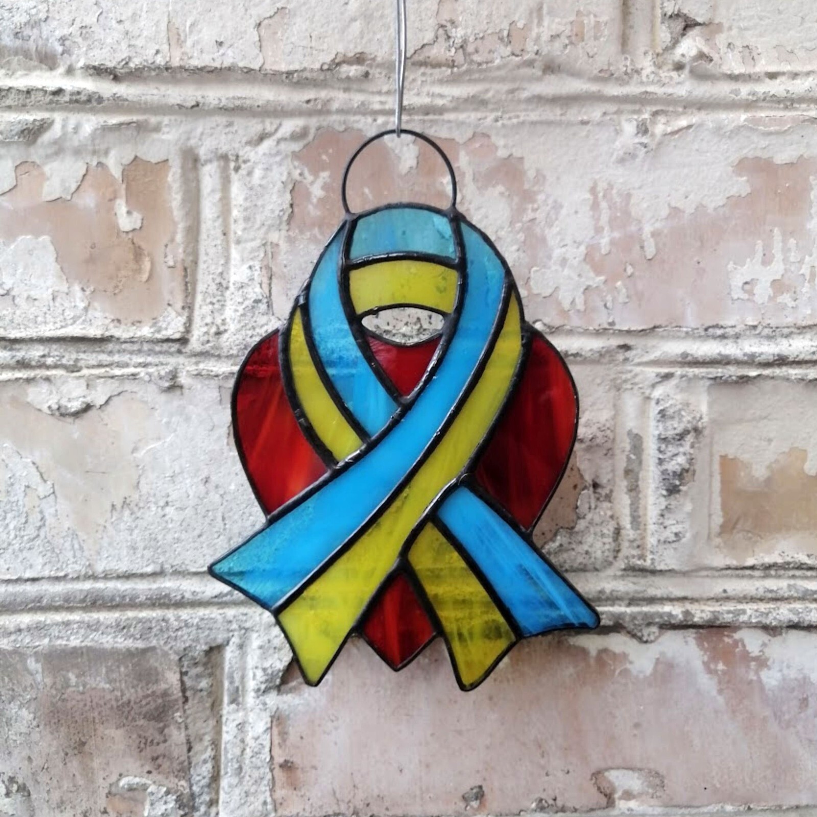 Ukraine Flag Ribbon Red Heart Stained Glass Suncatcher – Ukrainian Window Panel