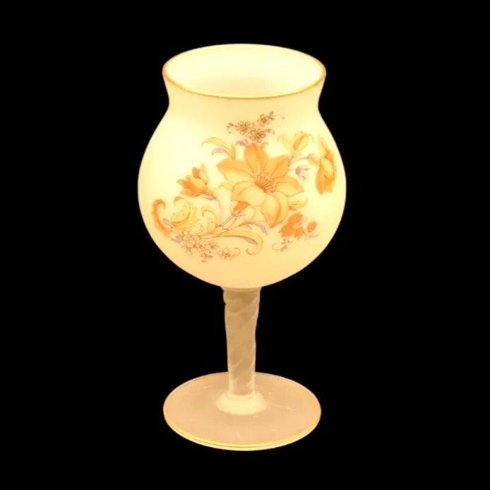 Hand Painted Candle Holder White Satin Glass Gold Trim Stemmed By Norleans Italy