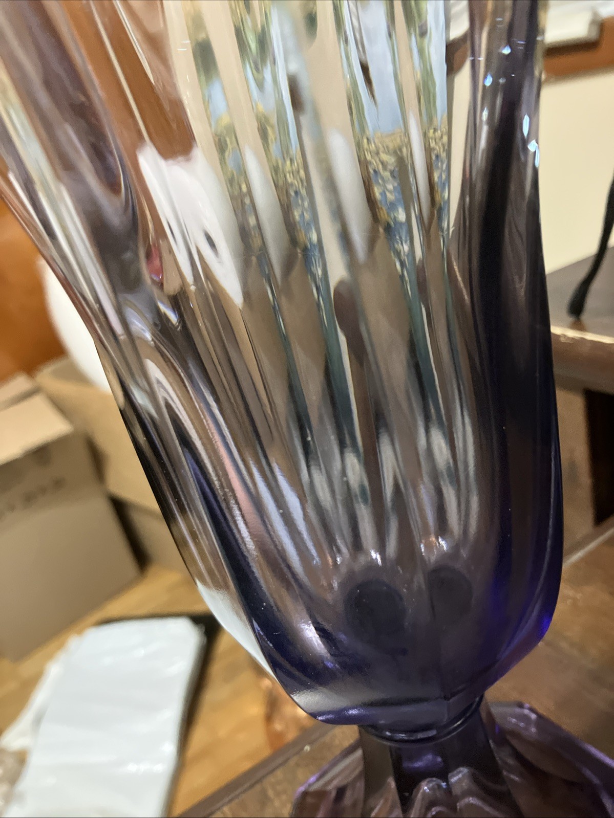 Fenton Ruffled Edge Violet Glass Vase: 12 1/2 Inches Tall( Glows See Photos)