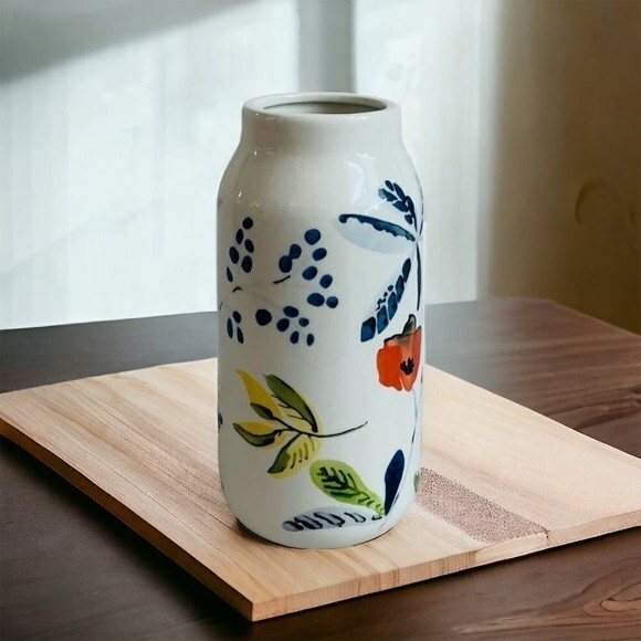Threshold White Ceramic Vase Handcrafted Floral Print Stoneware 8″ Farmhouse New