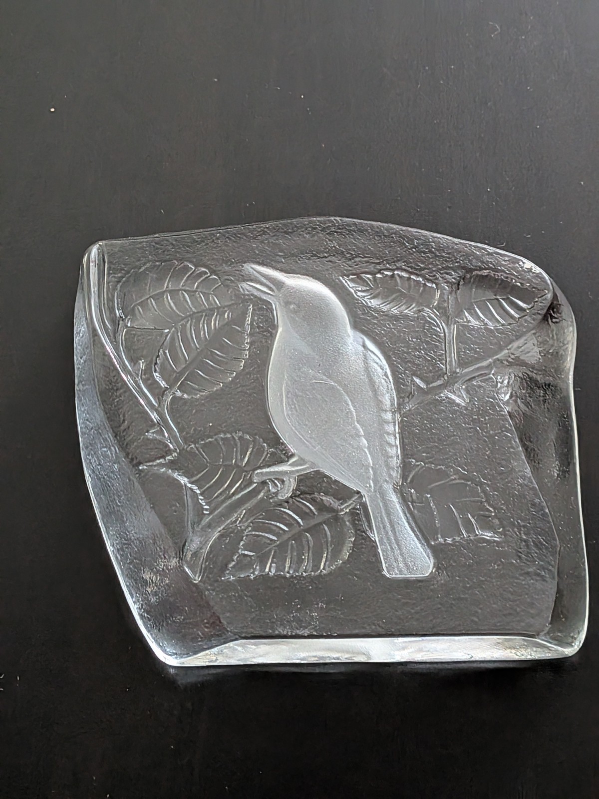 Mid Century Clear Glass Block Etched Bird Paperweight Unsigned 4.5″ Tall