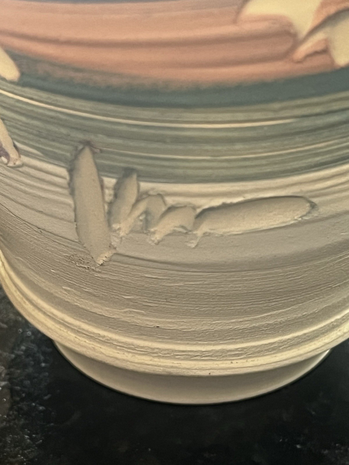 Studio Pottery Beach Vase Signed Ocean Carved Pink Blue Sunset 5×3
