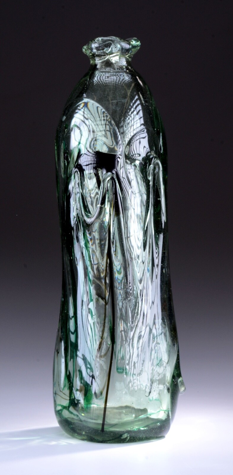 Robert Fritz Abstract Green Art Glass “Milk Bottle” Infused Copper Signed 15″
