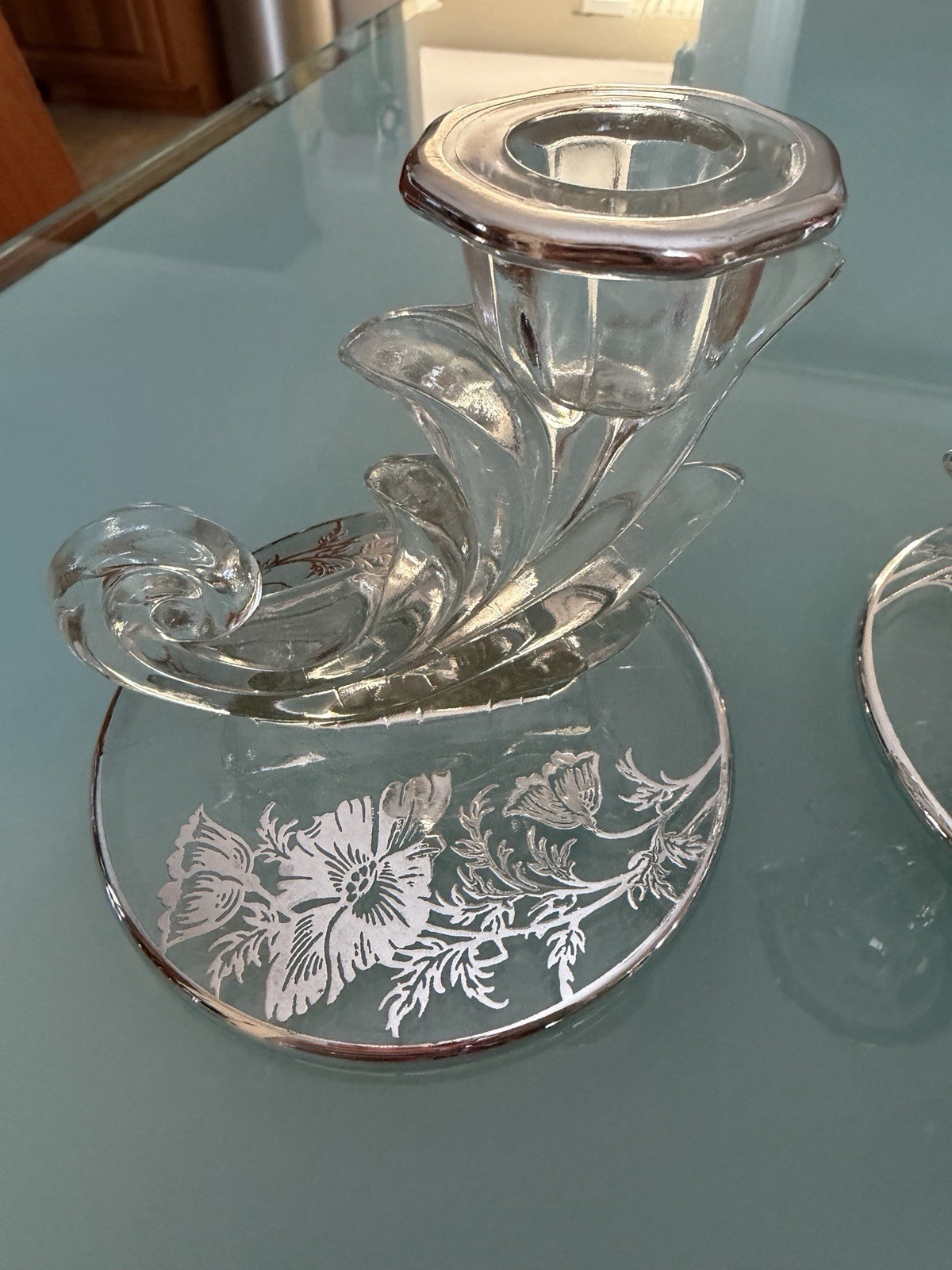 2 Fostoria Glass Baroque Candle Holders with Sterling Silver ‘Flanders’ Overlay