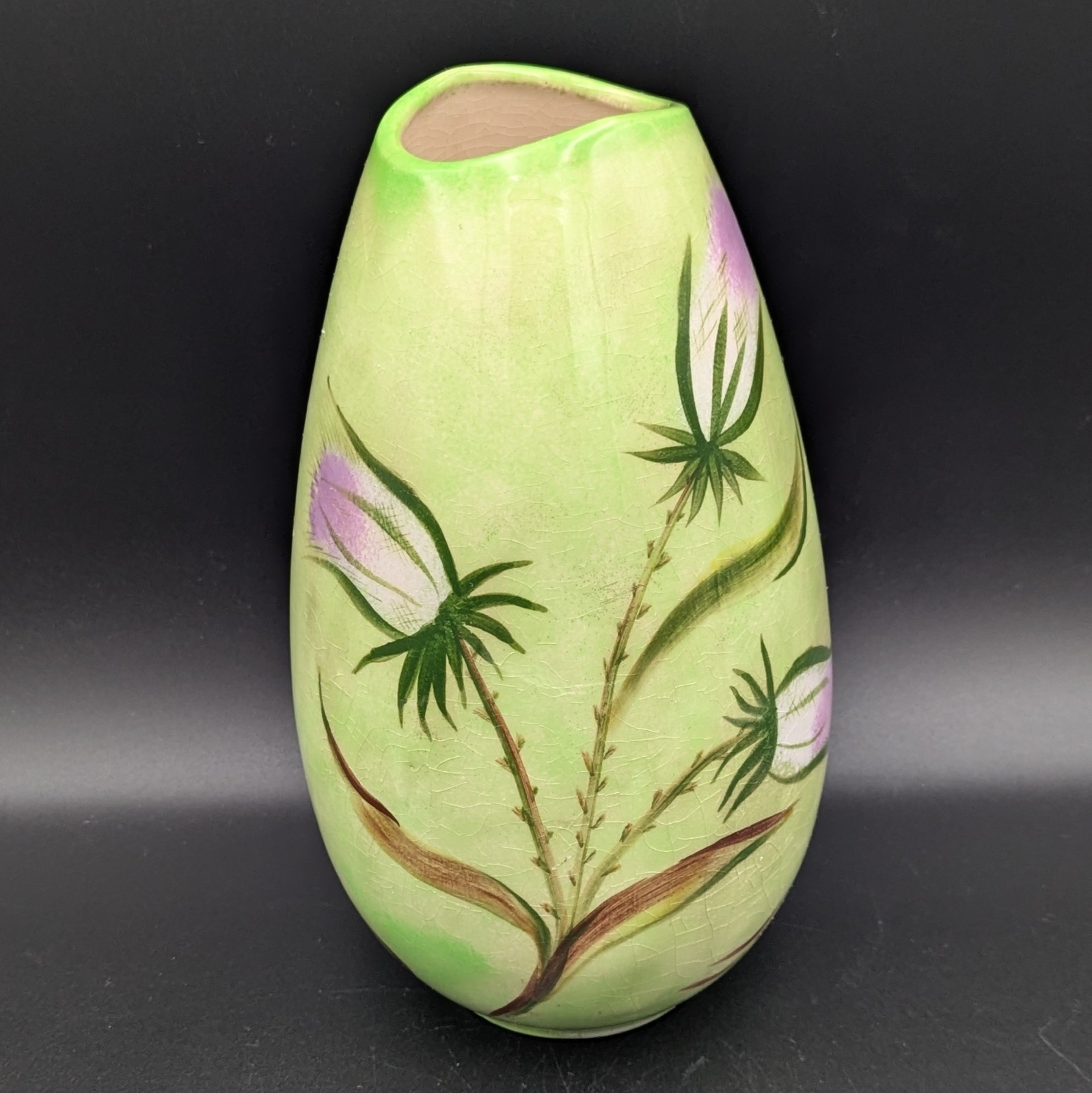 Vase Hand Painted Thistle Flowers Holland Mold Pottery MCM Vintage Ceramic 10″