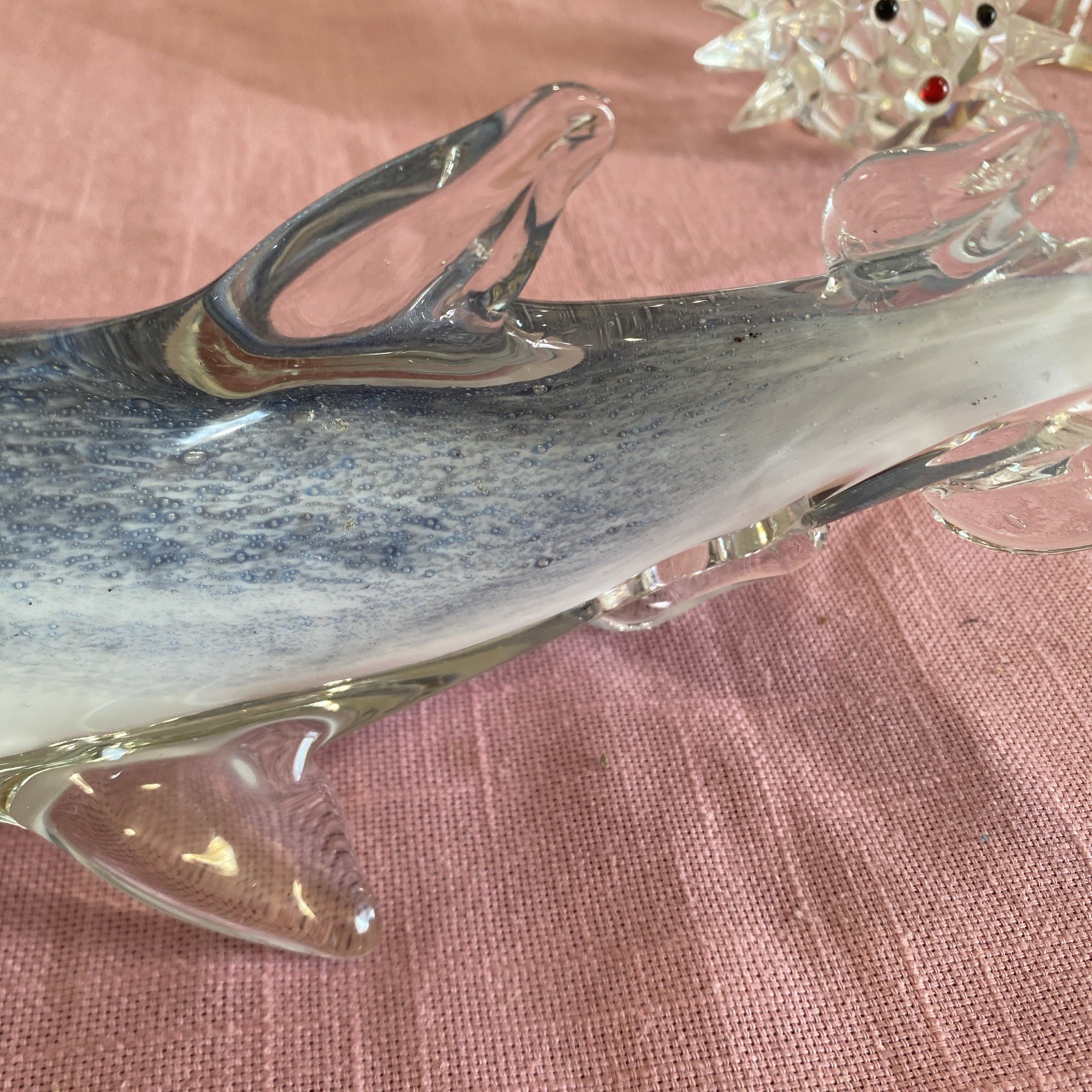 Murano Style Clear White & Gray Art Glass Shark/ Paper Weight Figurine Sculpture