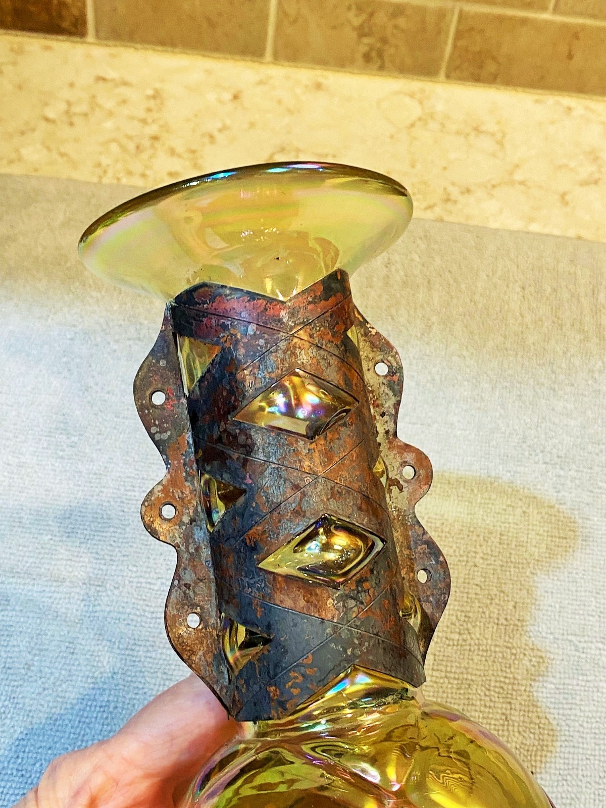Silvestri Mouth Blown Iridescent Glass Vase Copper Cuff Brutalist Italian 10.5″
