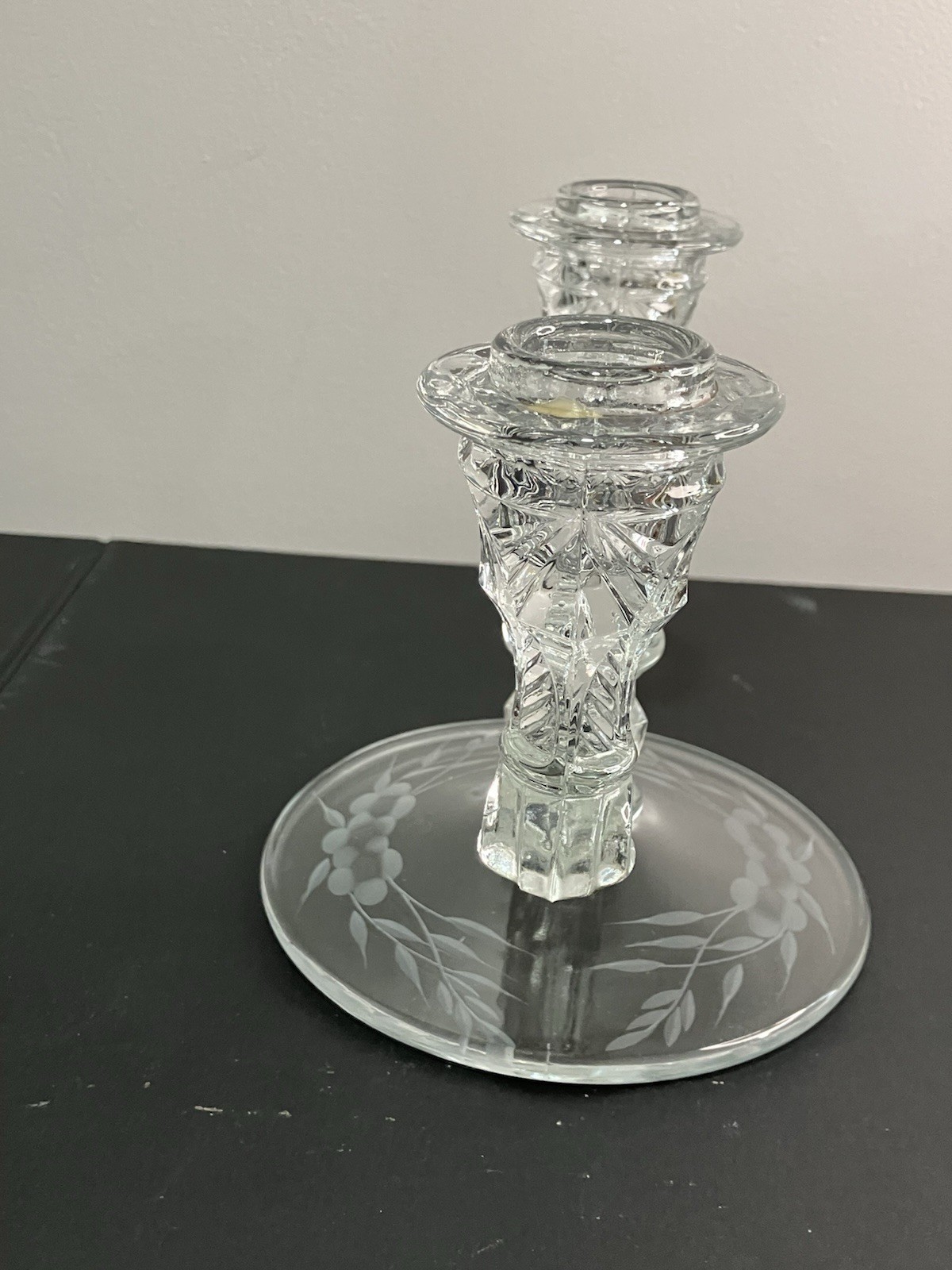2 Vintage Art Deco Double Candle Candelabra Etched Base Crystal MCM EUC