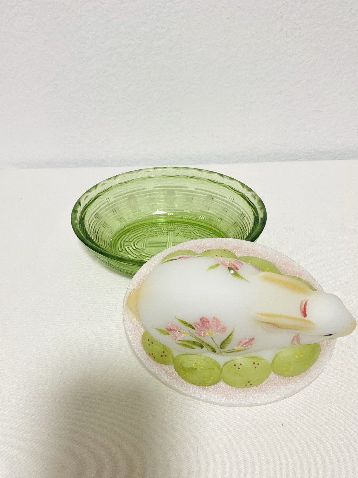 Fenton Bunny on Nest Candy Dish Pink Flowers & Eggs Hand Painted & Signed Large