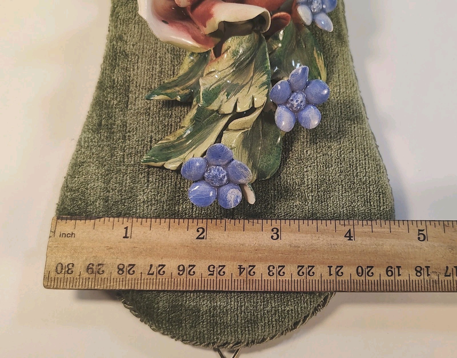 Vintage MC Italy Capodimonte Porcelain Roses On Green Velvet Wall Art 11.75 “