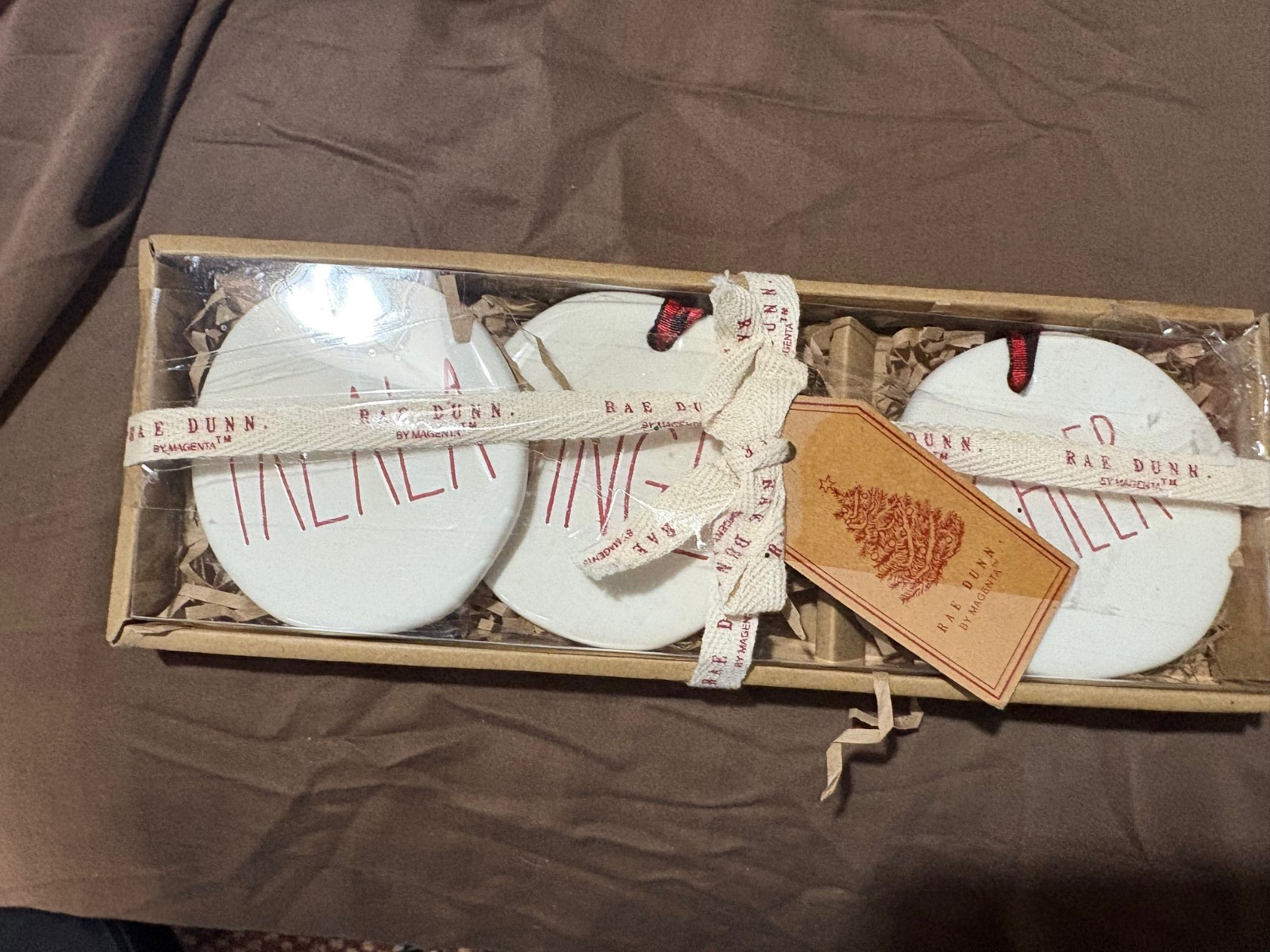 NEW in Box Rae Dunn Round Christmas Ceramic Ornaments “CHEER, FA LA LA & JINGLE”