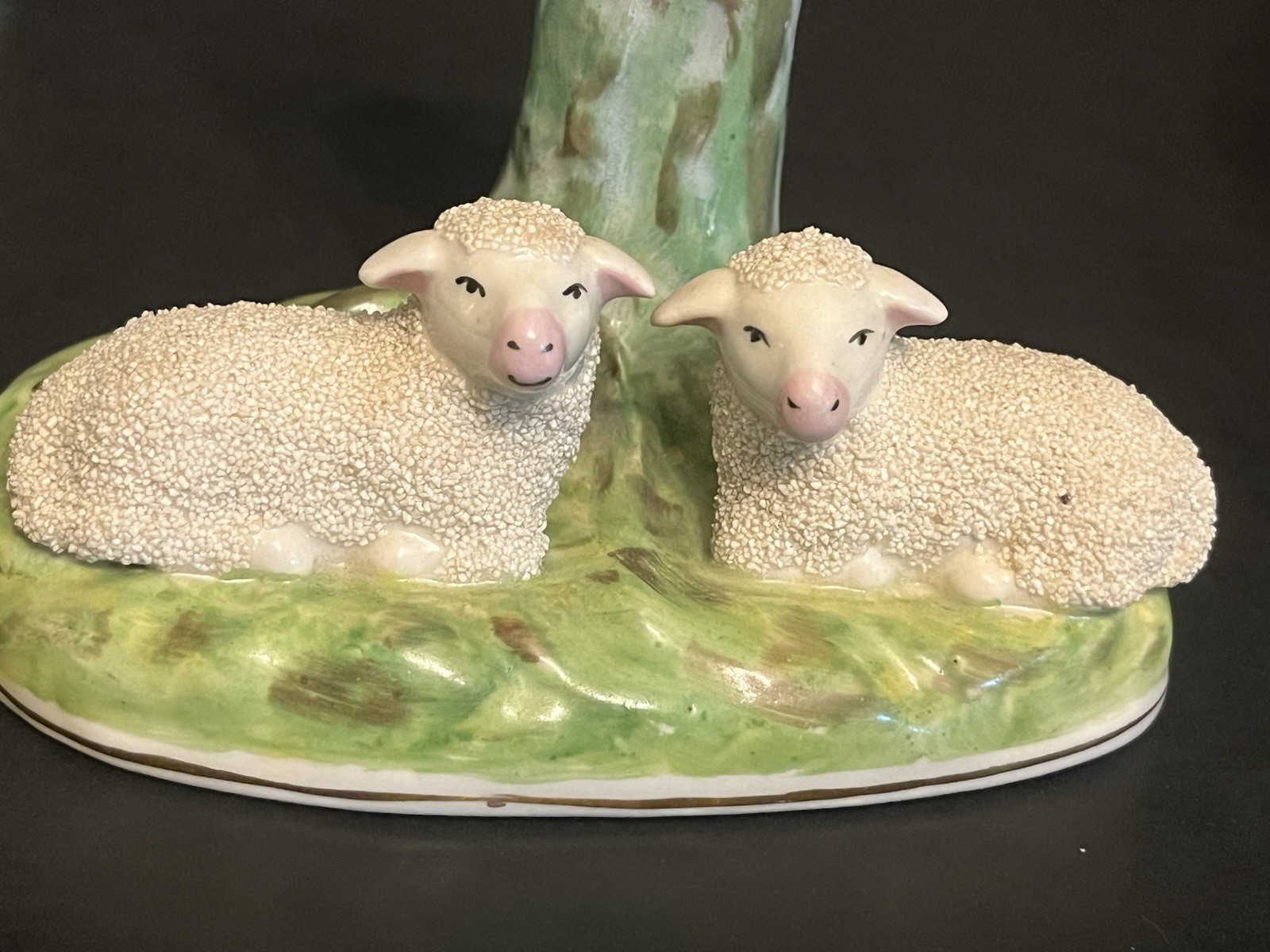 Pair Antique Staffordshire DOUBLE Sheep Spaghetti Spill Vases
