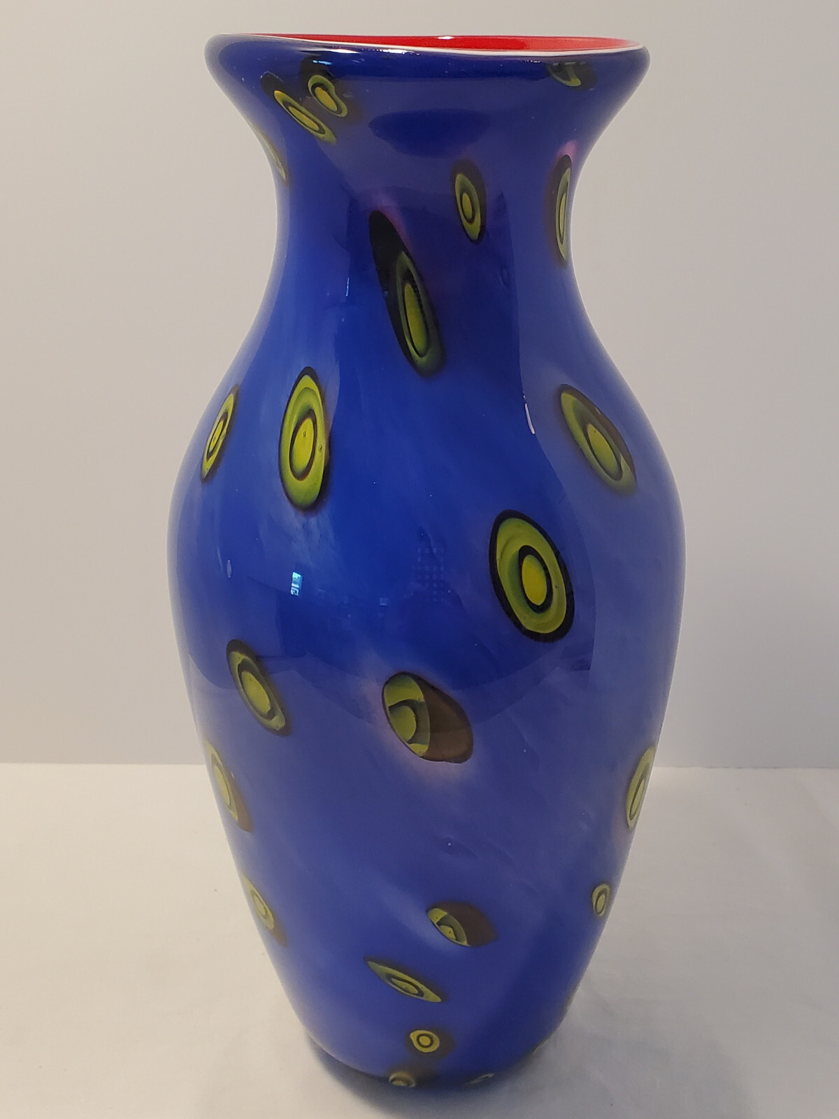 Modern cobalt blue blown art glass vase /w red inside & white stripe around rim